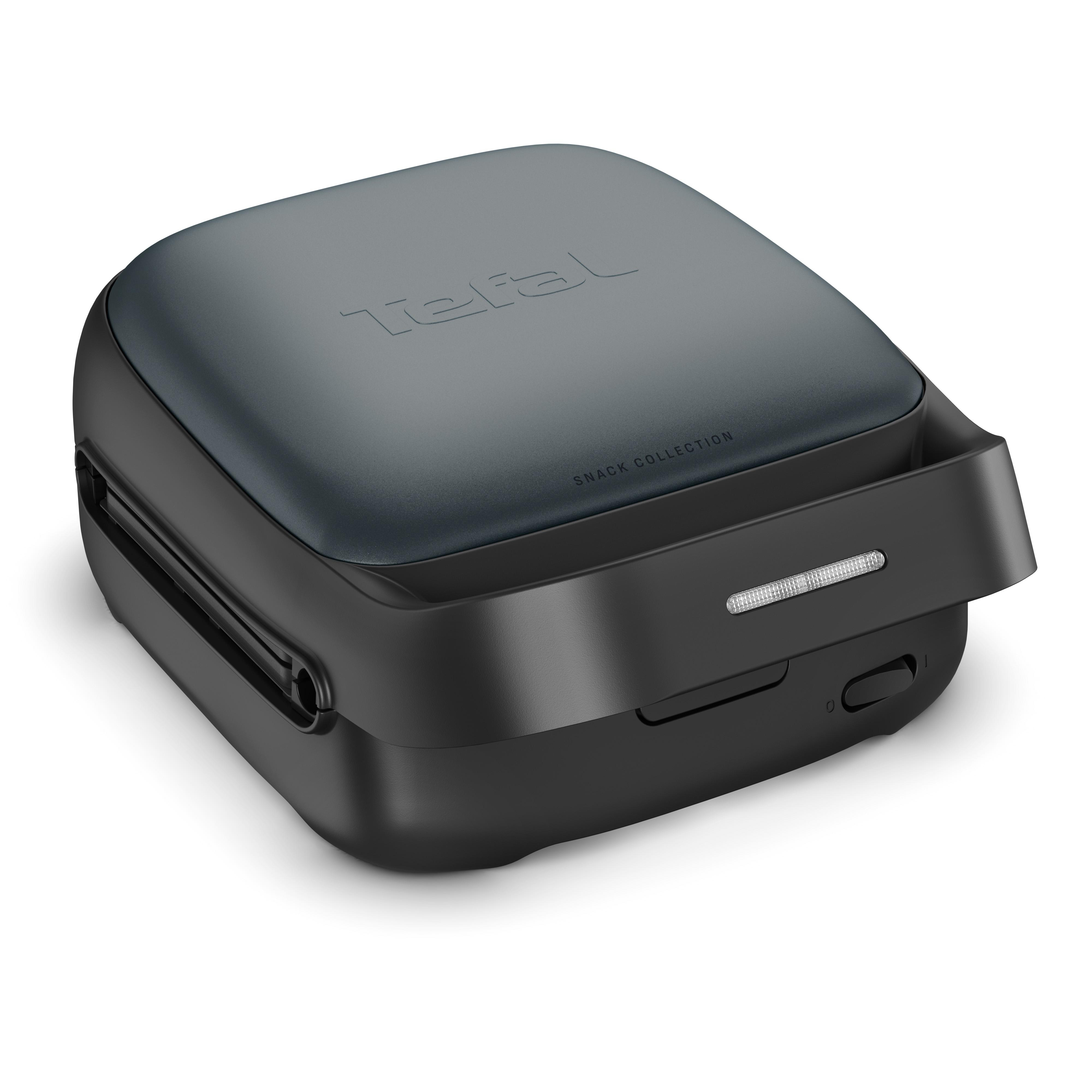 Ein schwarzer Tefal-Snackmaker, geschlossen. Oben ist das Tefal-Logo und der Text Snack Collection. Ein/Aus-Schalter an der Seite.