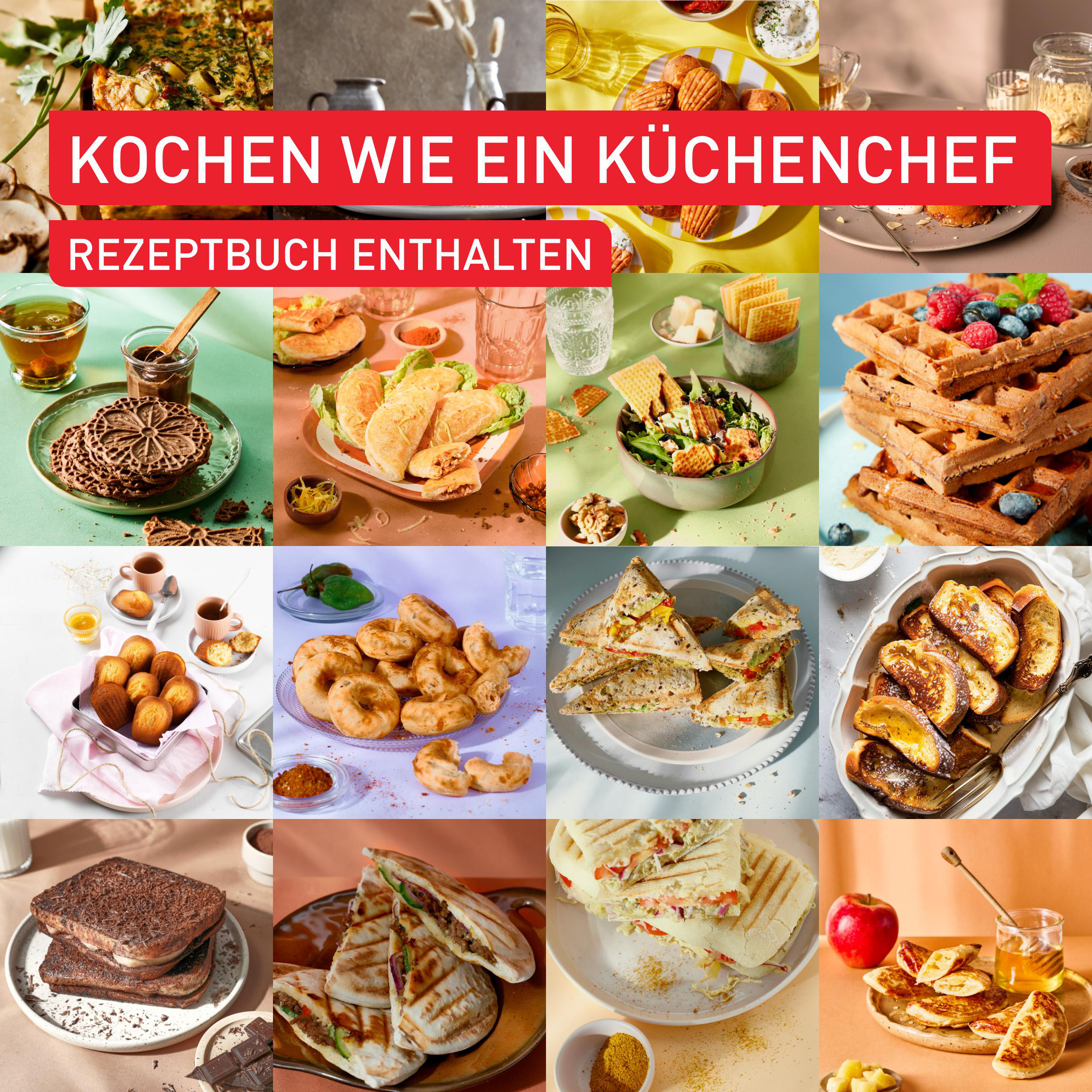 Eine Collage verschiedener Gerichte, darunter Waffeln, Sandwiches und Gebäck. Helle Farben und vielfältige Speisen werden gezeigt.