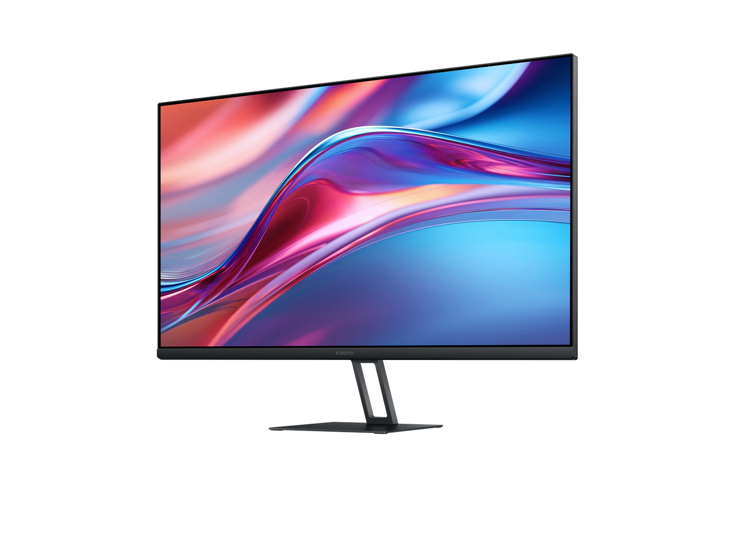 Un monitor de computadora moderno con una pantalla abstracta colorida. Tiene un marco y soporte negros. El fondo es gris.