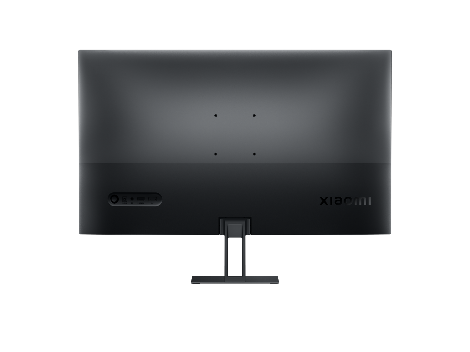 Parte trasera de un monitor Xiaomi negro. Muestra puertos, soporte y logotipo. El fondo es gris liso.