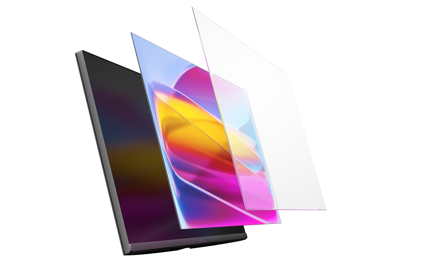 Vista en explosión de una pantalla, mostrando capas de tecnología de visualización con gráficos coloridos abstractos, sobre un fondo gris.