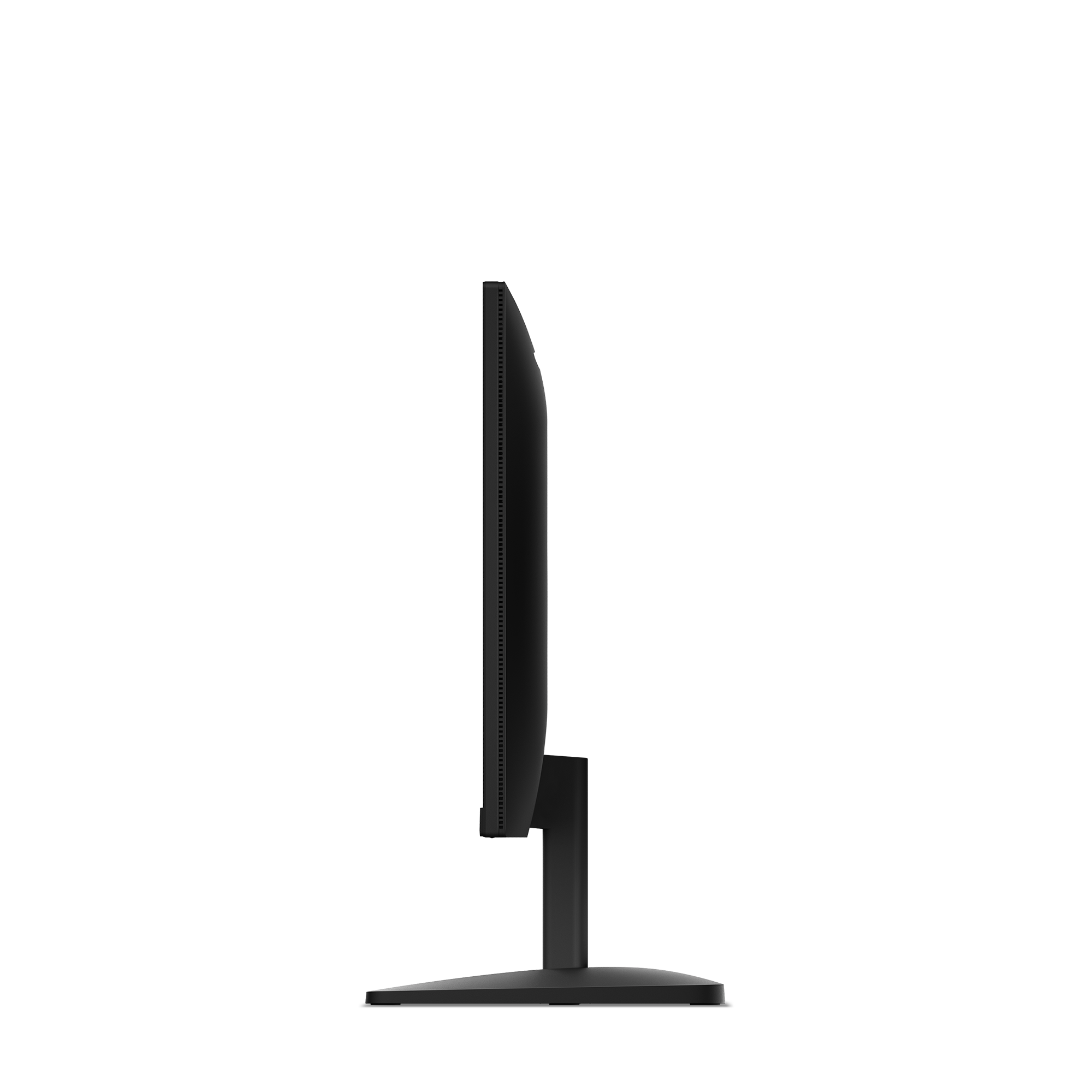 Czarny monitor komputera widziany z boku, z białym tłem. Monitor jest na stojaku.