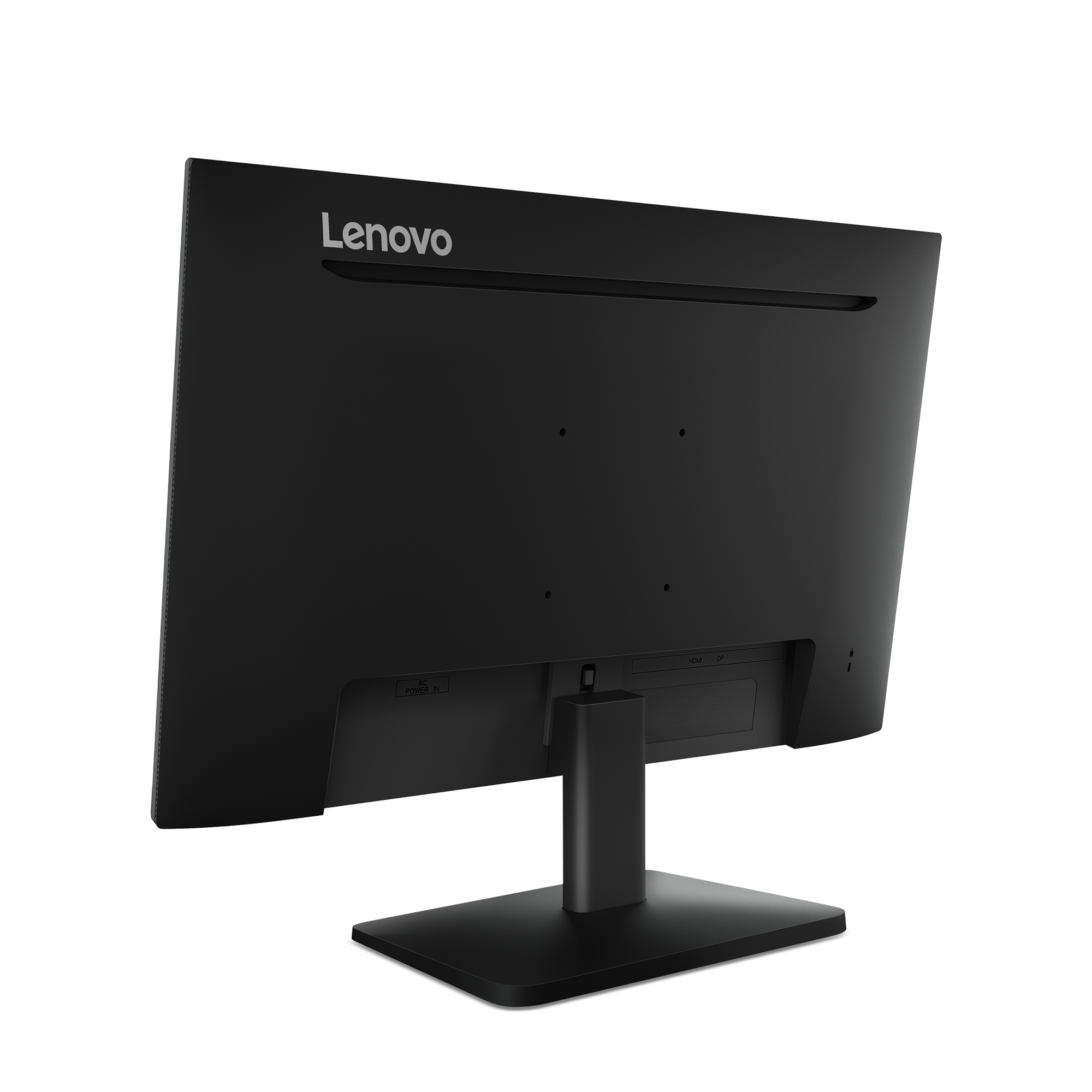Widok z tyłu czarnego monitora Lenovo. Ma podstawkę i porty zasilania, HDMI i DP. Widoczne jest logo Lenovo.