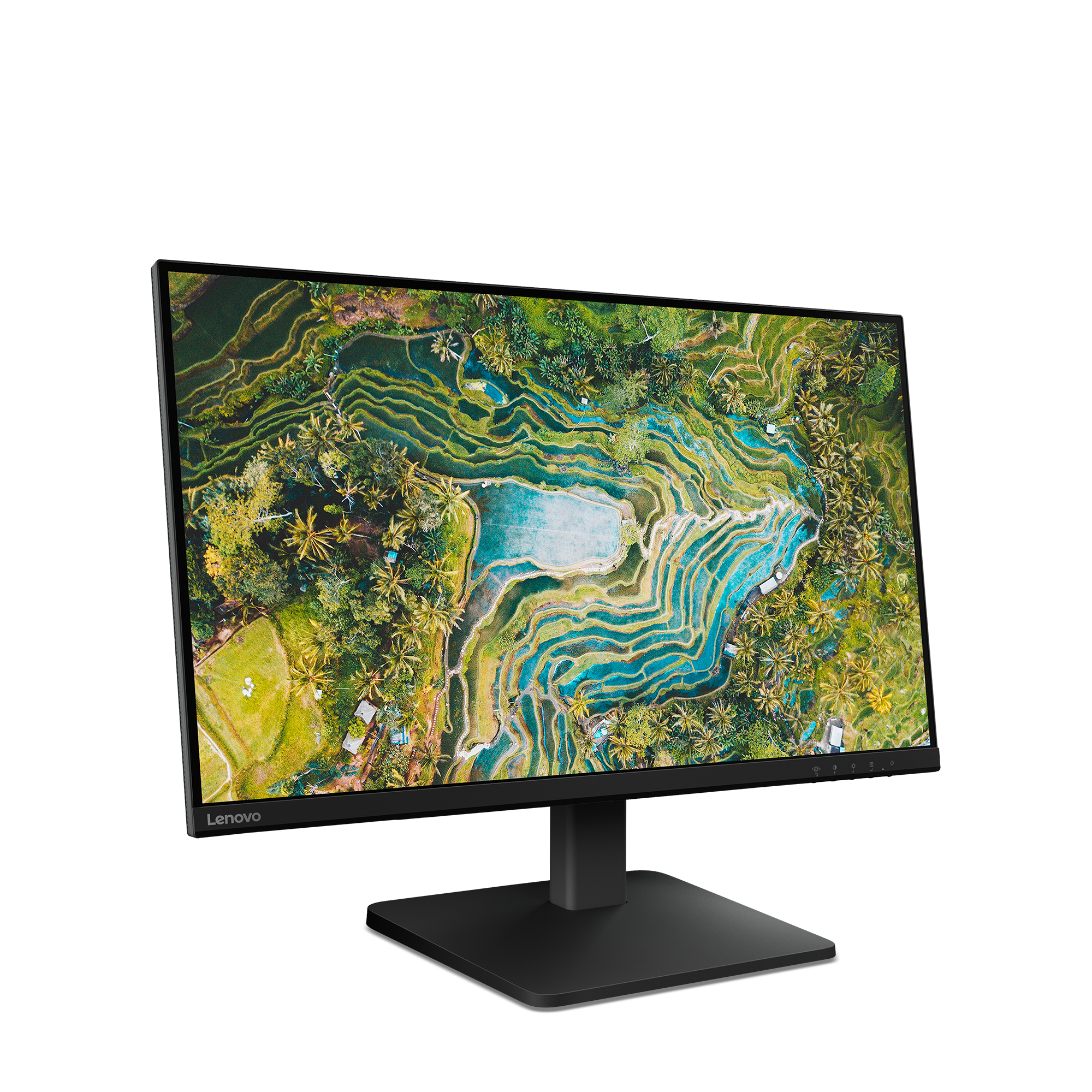 Czarny monitor Lenovo wyświetlający widok z lotu ptaka na tarasy ryżowe, palmy i wody. Monitor stoi na czarnym stojaku.