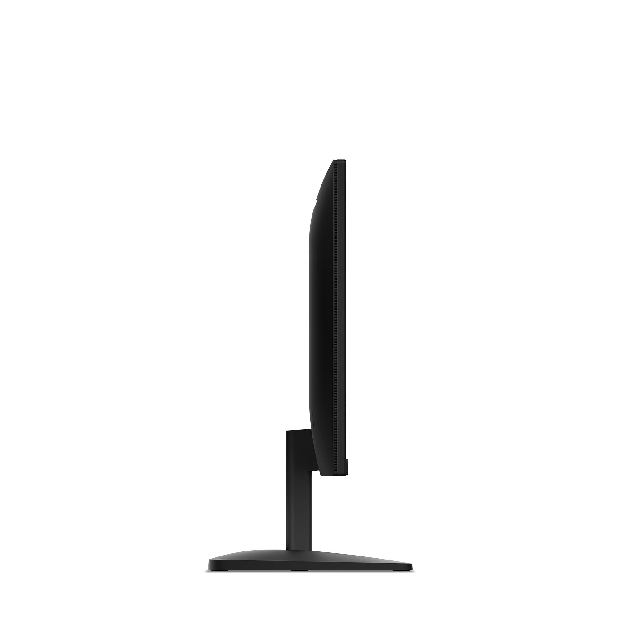 Widok z boku czarnego monitora komputera. Monitor stoi na podstawce i ma cienką ramkę. Białe tło.