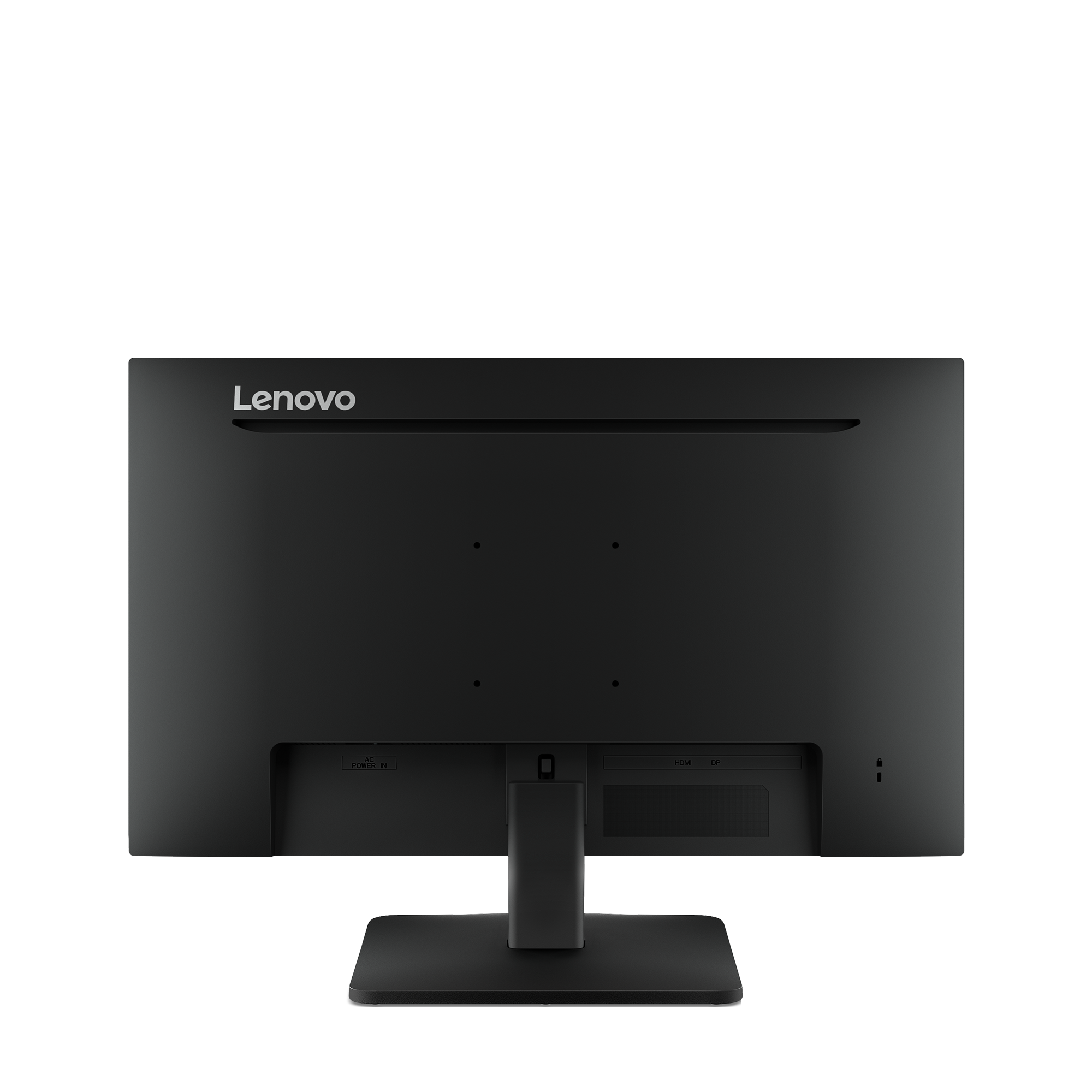 Czarny monitor Lenovo pokazujący tył. Posiada porty zasilania, HDMI i DisplayPort.