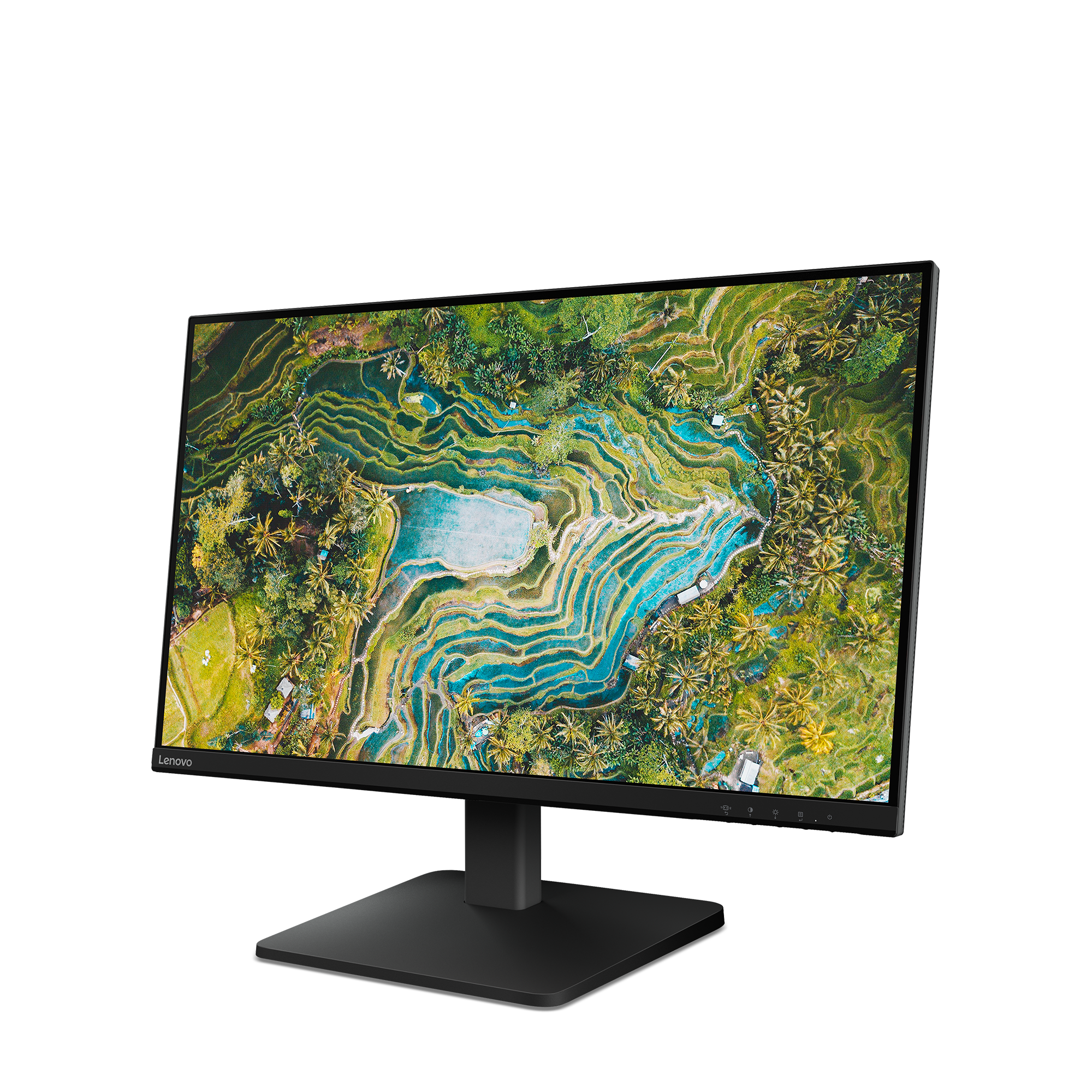 Monitor Lenovo wyświetlający tętniący życiem krajobraz tarasowych pól ryżowych z błękitną wodą i zieloną roślinnością.