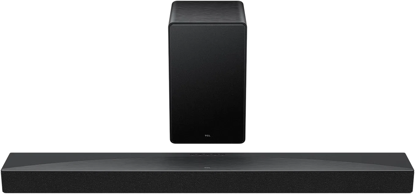 Egy fekete TCL soundbar hozzáillő mélynyomóval. A soundbar téglalap alakú, a mélynyomó egy magas, fekete doboz.