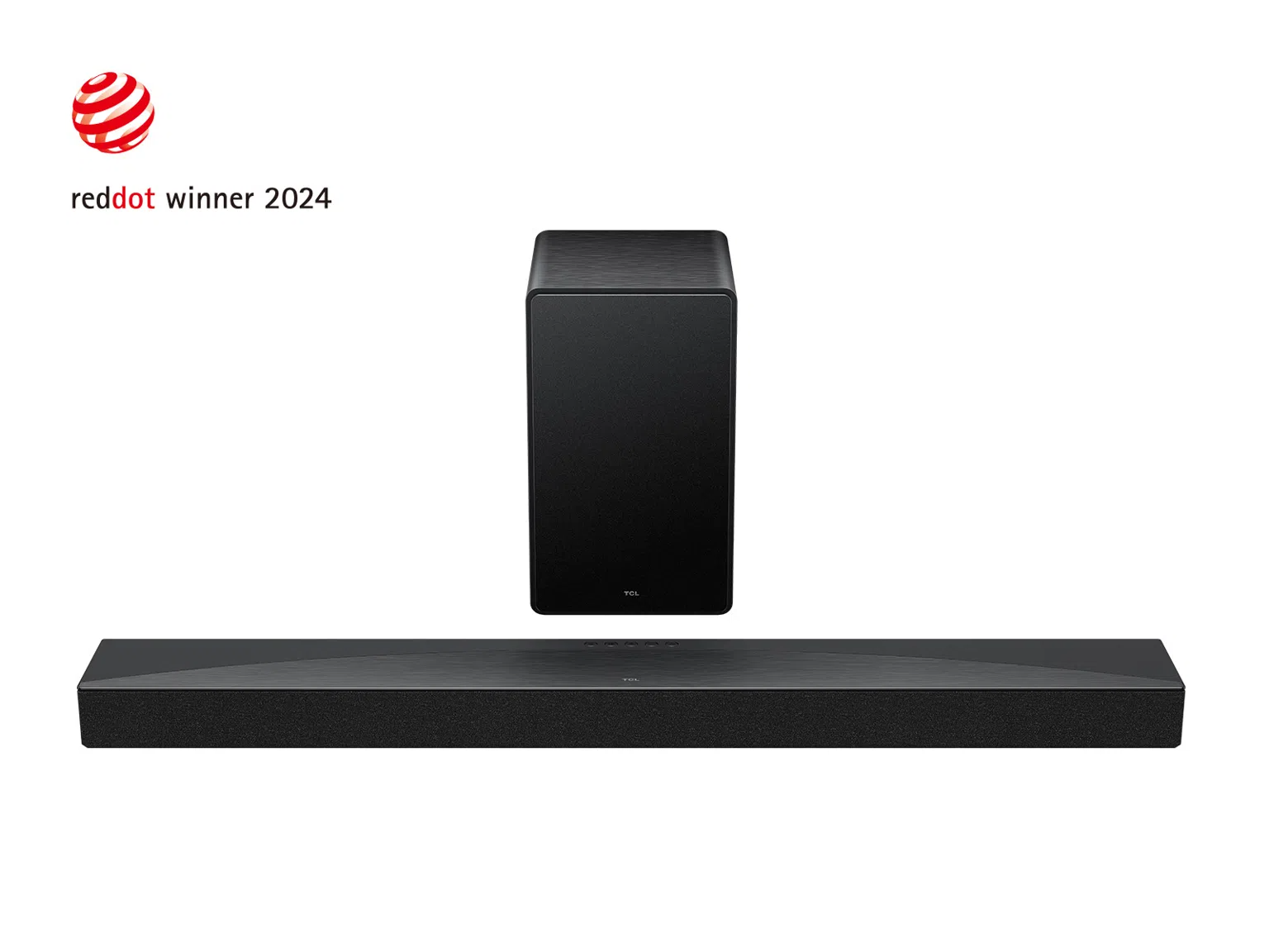 Fekete soundbar és mélynyomó fehér háttéren. Reddot winner 2024 logó. A mélynyomó függőleges, a soundbar vízszintes.