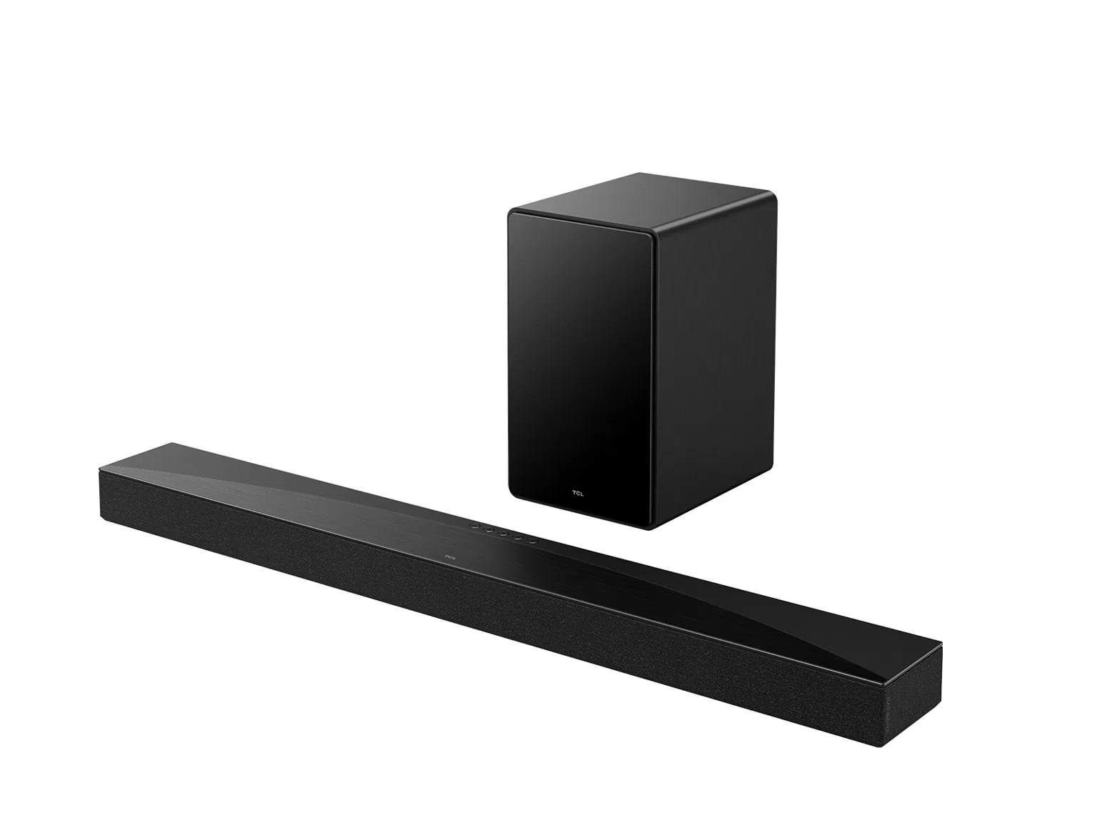 Fekete soundbar és mélynyomó fehér háttéren. A soundbar hosszú és vékony. A mélynyomó egy fekete kocka. Mindkettő fényes.
