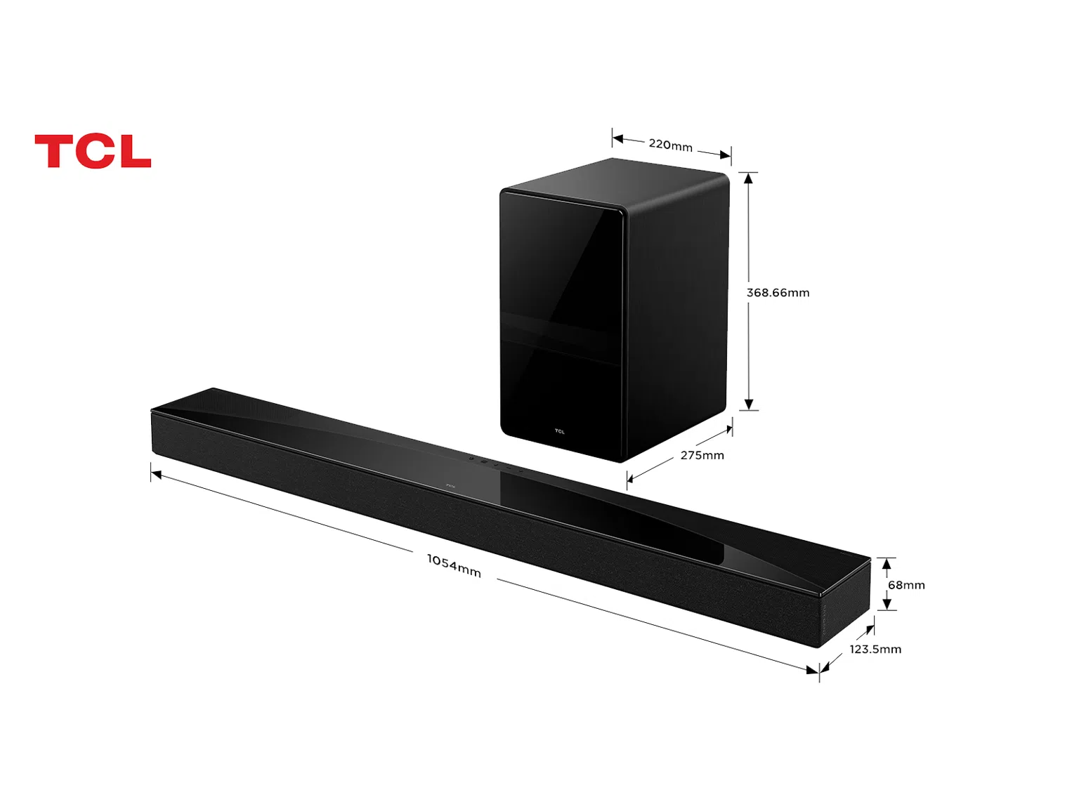 Egy fekete TCL soundbar és mélynyomó látható. A méretek fel vannak tüntetve. A TCL logója bal felül található.
