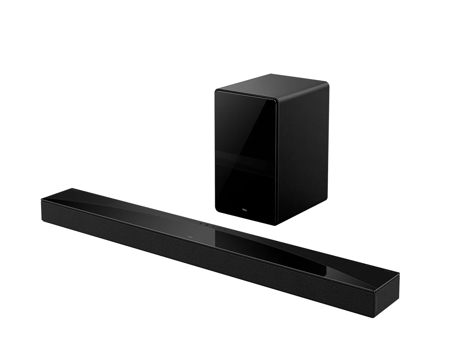 Egy fekete soundbar és mélynyomó szett. A soundbar hosszú és téglalap alakú, a mélynyomó pedig egy doboz. Mindkettő fehér háttéren.