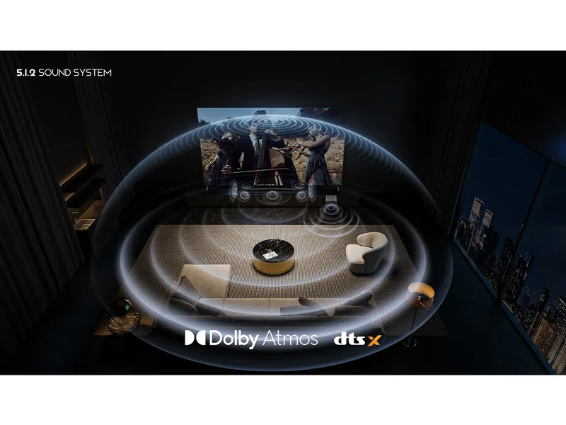 Nappali kanapéval, székekkel és vetítővászonnal, amely egy filmjelenetet mutat. Hanghullámok sugároznak a hangszórókból. Dolby Atmos és DTS:X logók.