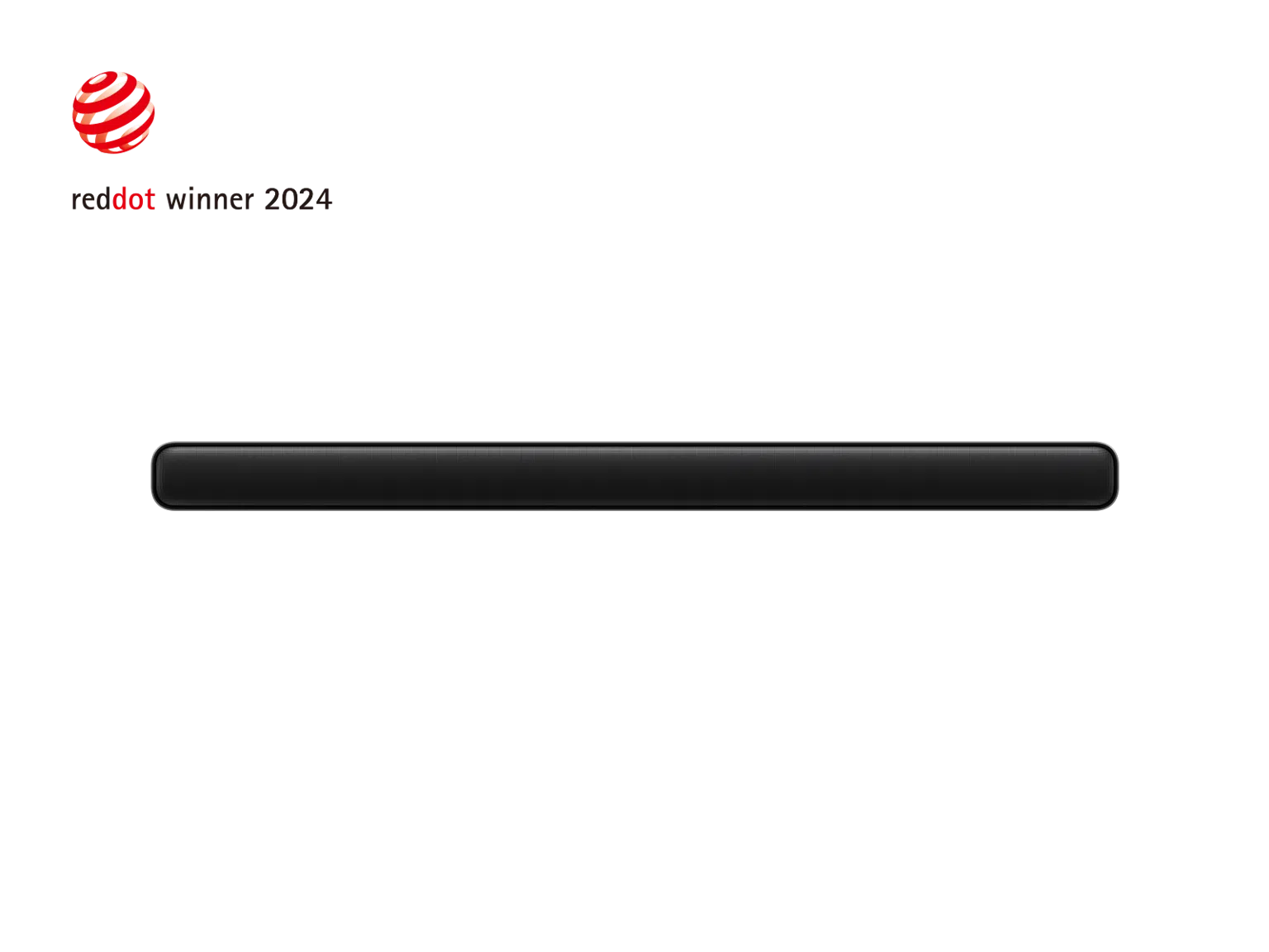Fekete soundbar. Red Dot winner 2024 logó a bal felső sarokban, fekete háttér.