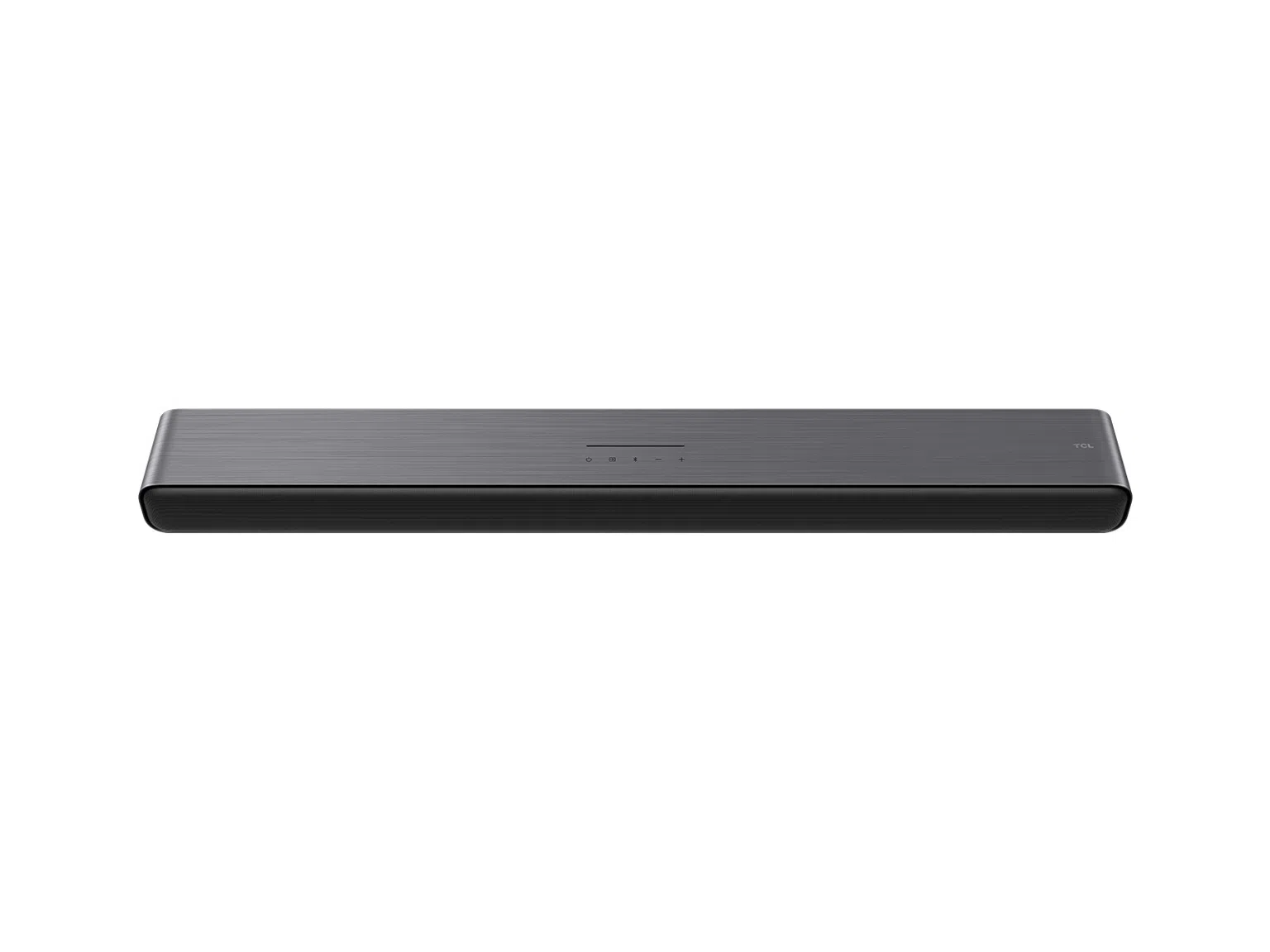 Egy sötétszürke TCL soundbar fehér háttérrel. A soundbar téglalap alakú gombokkal és logóval.
