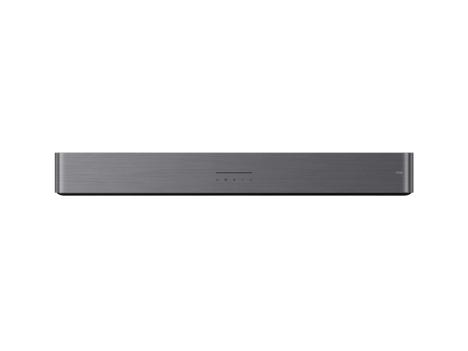 Egy sötétszürke TCL soundbar fehér háttérrel. Gombok vannak rajta, és a TCL logója a jobb oldalon található.