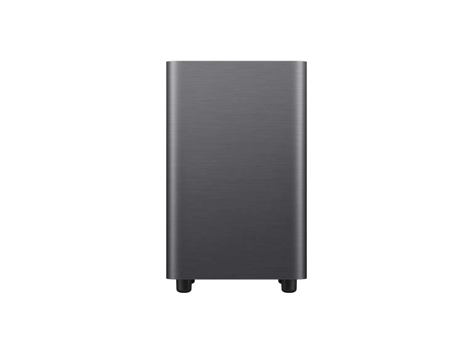 Egy sötétszürke téglalap alakú soundbar, szálcsiszolt fém felülettel, egy fehér háttér előtt áll. Két fekete láb látható.