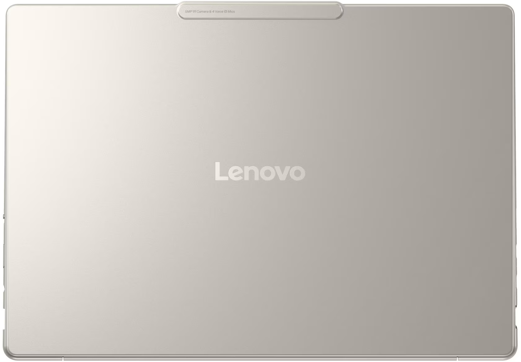 Egy ezüst Lenovo táblagép, a hátoldala látható. A felső szélén kamera és mikrofonok vannak. A Lenovo logó középen.