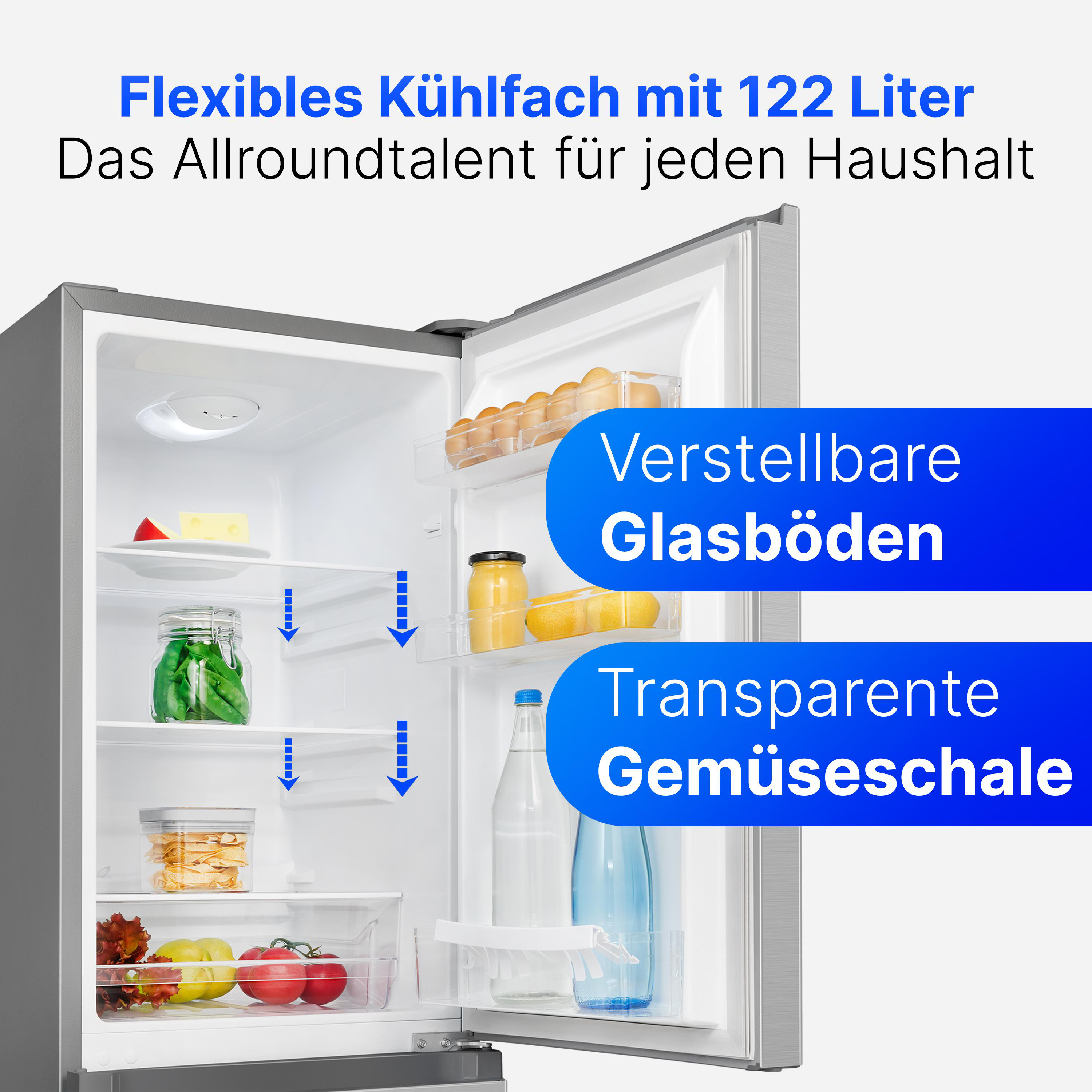 Ein offener Kühlschrank zeigt Regale mit Lebensmitteln: Eier, Gläser, Gemüse und Flaschen. Text: Flexibles Kühlen mit 122 Litern.