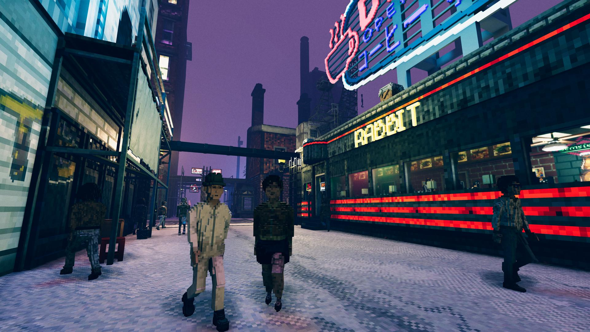 Pixelige Straßenszene mit Figuren, einem Café und Gebäuden. Neonreklamen und ein violetter Himmel erzeugen einen futuristischen Ton.