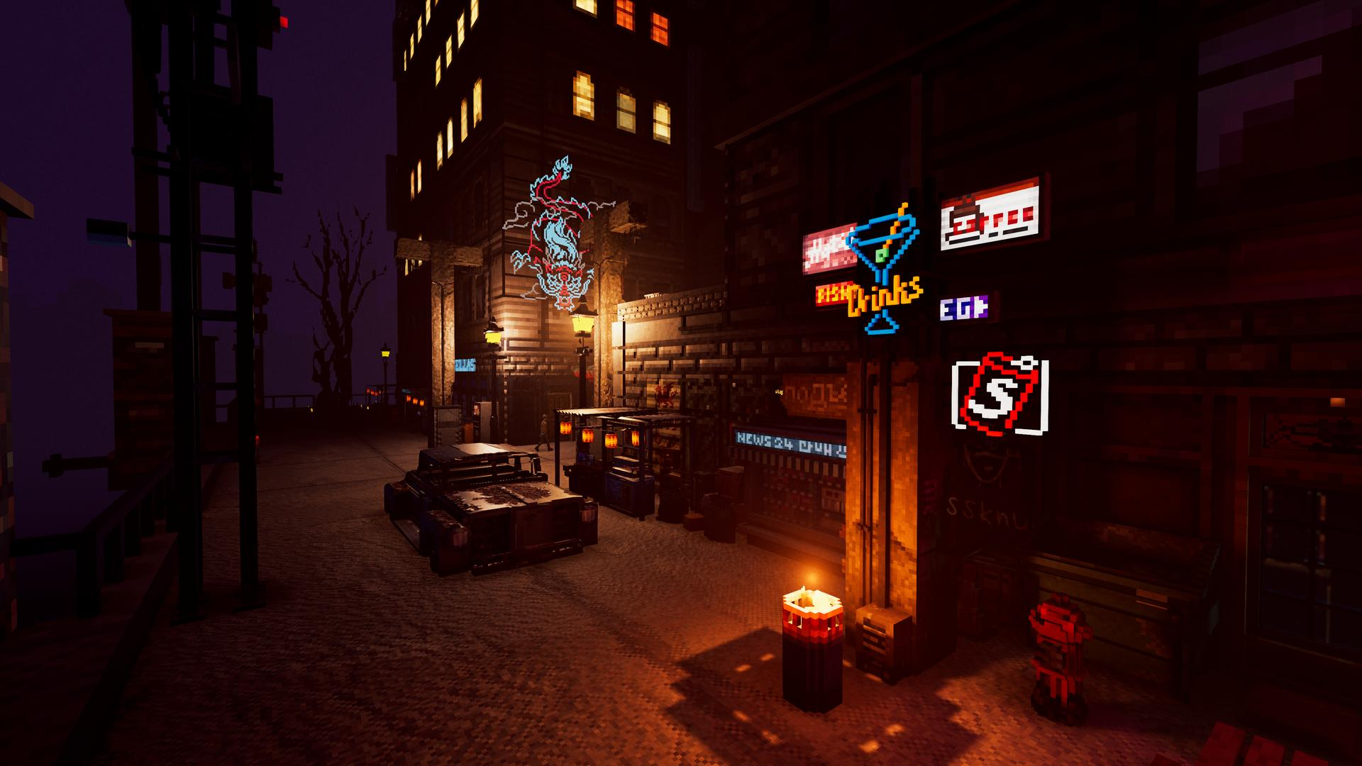 Nachtszenen mit verpixelten Gebäuden, Neon-Schildern und einem Auto. Ein Drachenschild und Barschilder sind sichtbar. Eine Straßenlaterne beleuchtet die Szene.