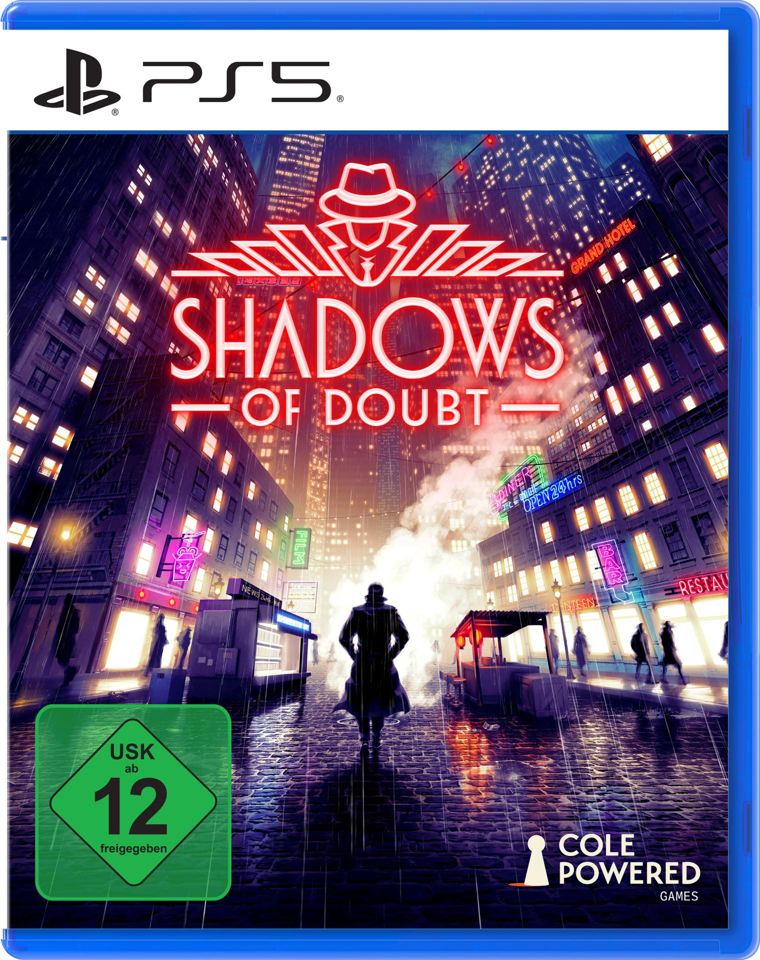 Ein PS5-Spielcover für Shadows of Doubt. Eine Figur geht im Regen, Neonlichter. Gebäude und ein Diner sind im Hintergrund.