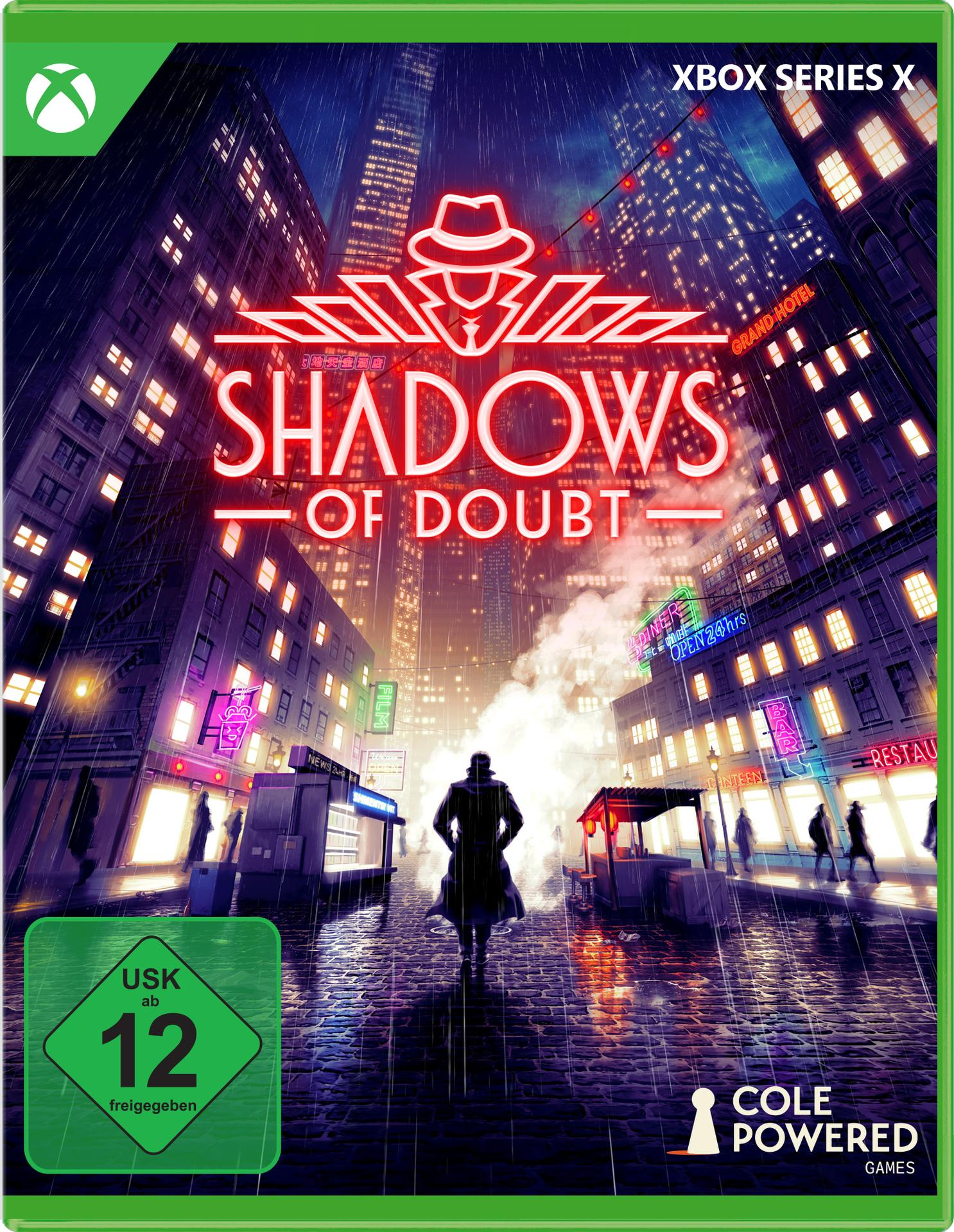 Cover-Art für 'Shadows of Doubt'. Eine Noir-Stadtlandschaft bei Nacht mit Regen. Eine Figur geht vom Betrachter weg.