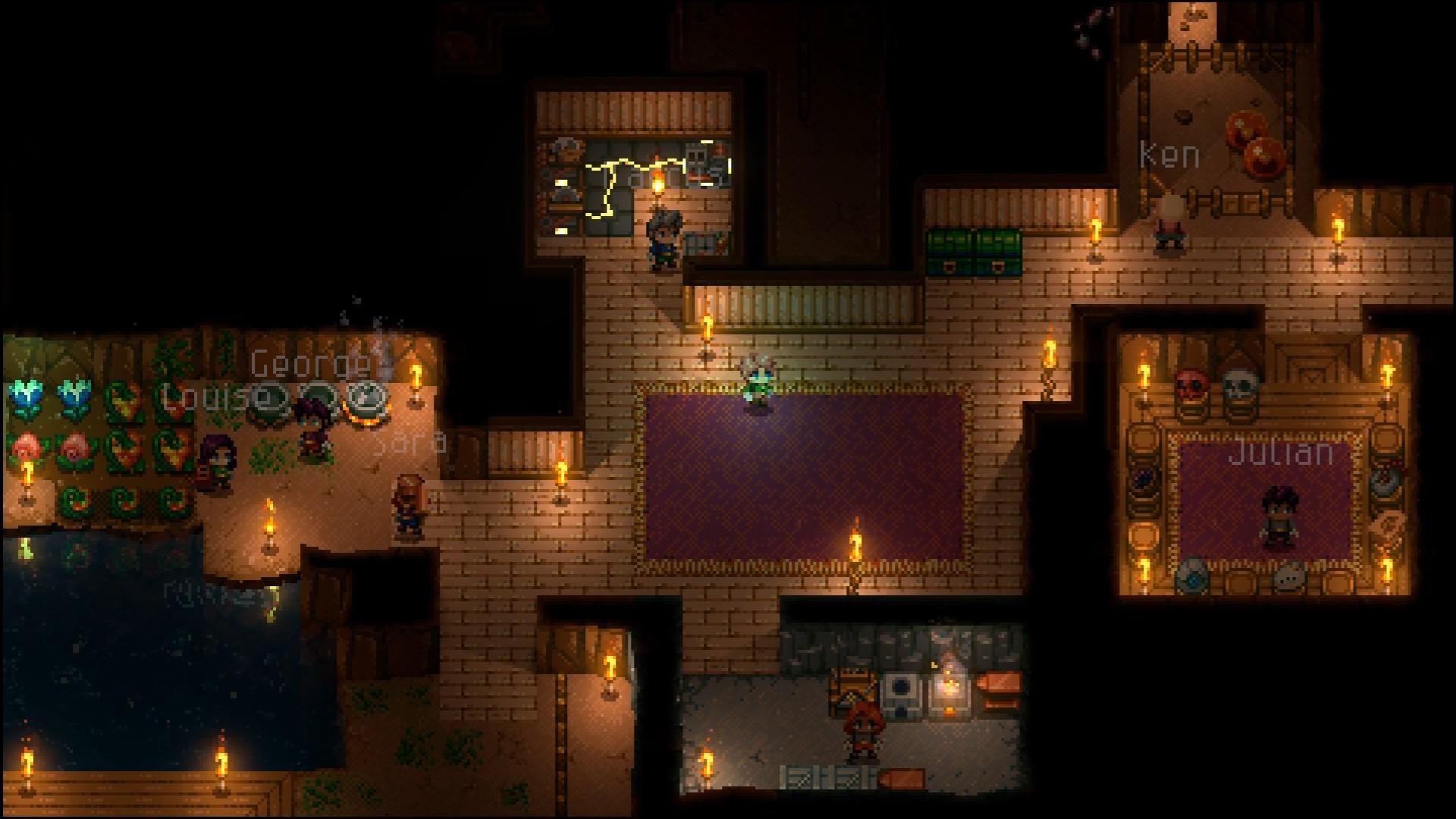 Ein pixeliges Spielinterieur. Verschiedene Räume werden von Fackeln beleuchtet. Charaktere stehen in der Nähe von Werkbänken, Feldfrüchten und einem See. Namen über Avataren.
