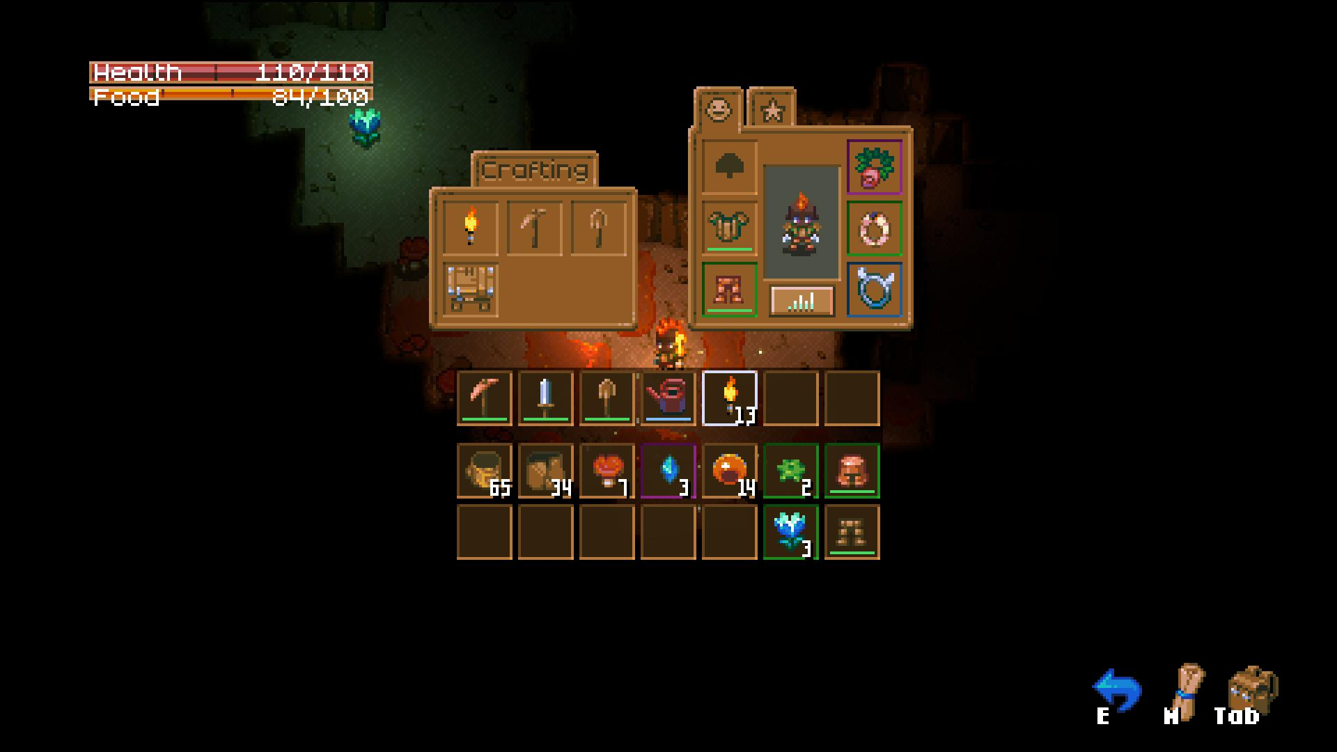 Eine pixelige Spieloberfläche mit Gesundheits- und Nahrungsleisten, einem Crafting-Menü, Inventar und einem Charakter mit einer brennenden Fackel.