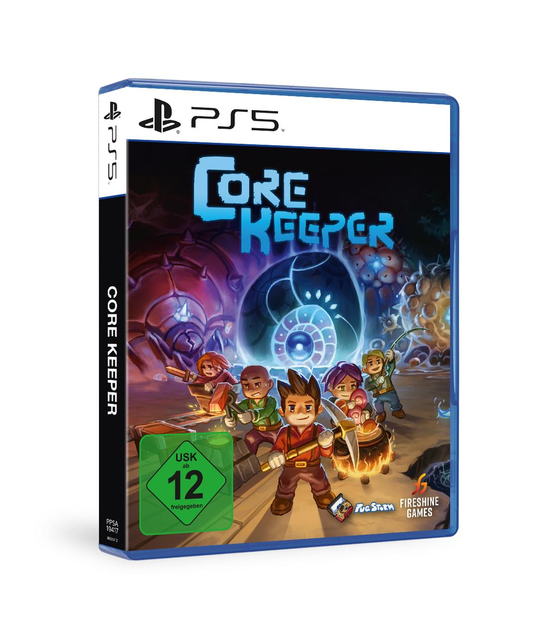 Spielbox für Core Keeper auf PS5. Zeigt eine Gruppe von Cartoonfiguren. Die Box hat das PS5-Logo und eine USK 12-Bewertung.