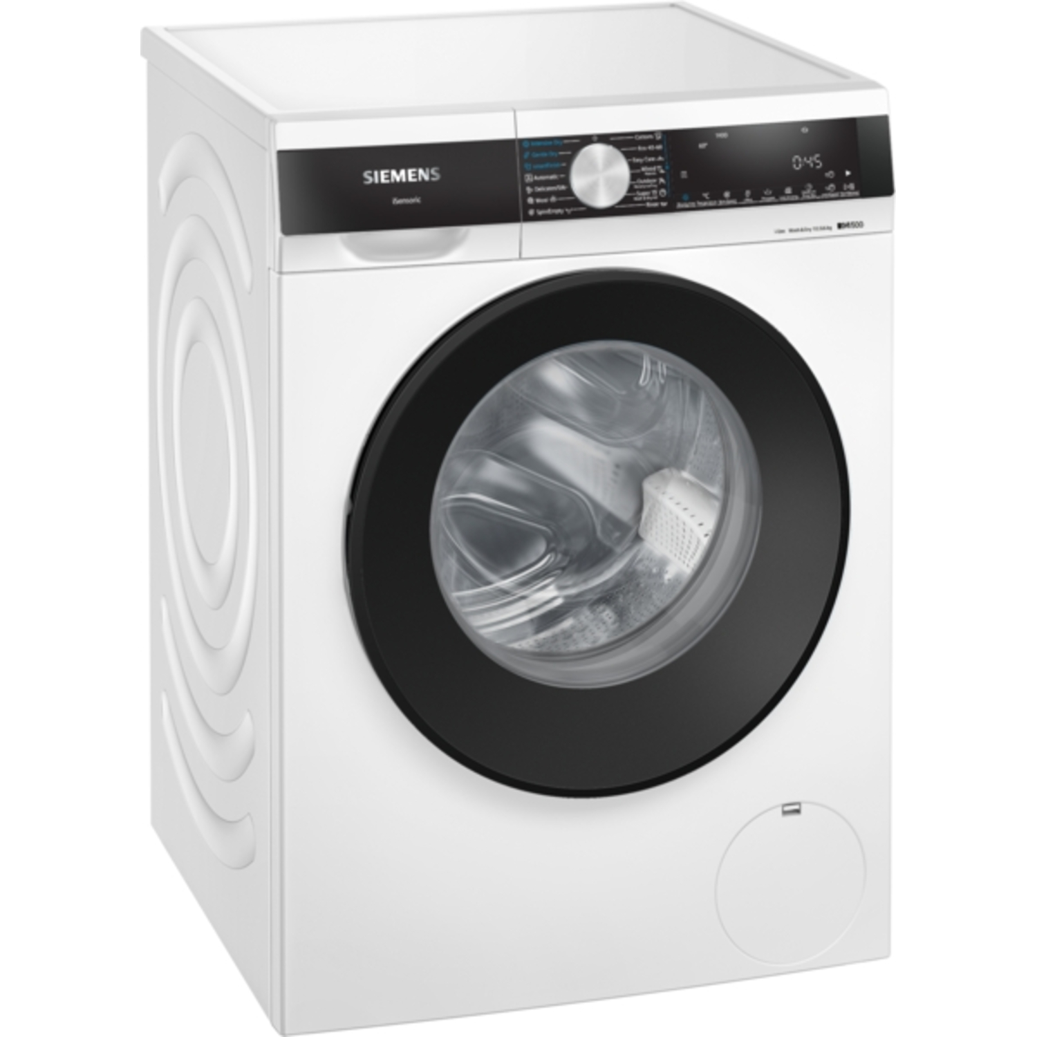 A white Siemens washing machine. It has a black door and control panel with a digital display. The machine is clean and modern.