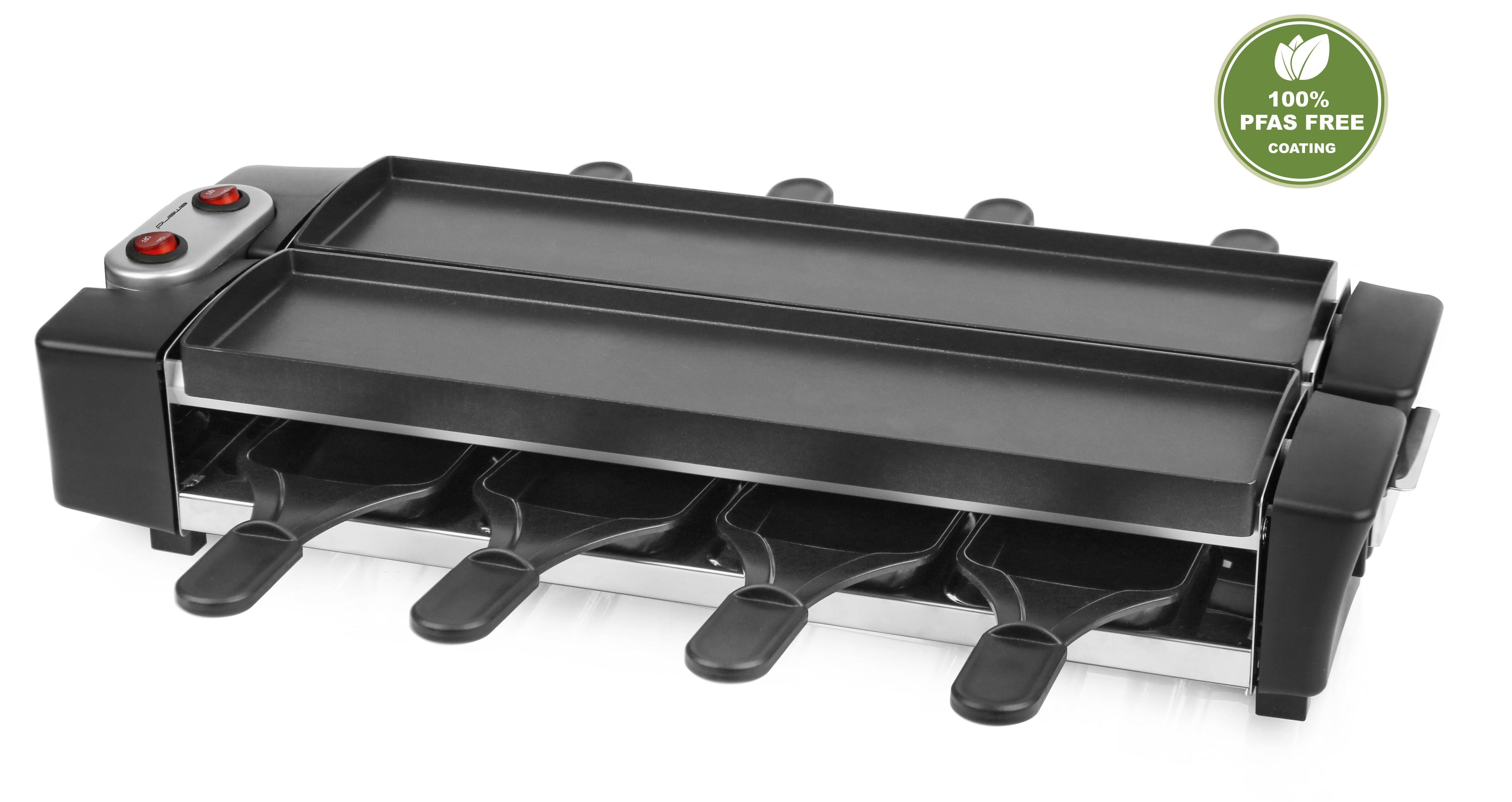 Raclette-Grill mit schwarzen Kochflächen, Edelstahlakzenten und roten Einschaltknöpfen. Enthält ein '100% PFAS FREE'-Etikett.