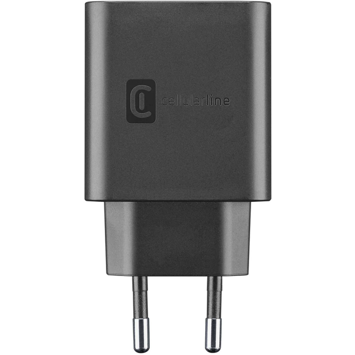 Un cargador cellularline negro. Tiene un enchufe de dos clavijas. El logotipo y el nombre de la marca son visibles.