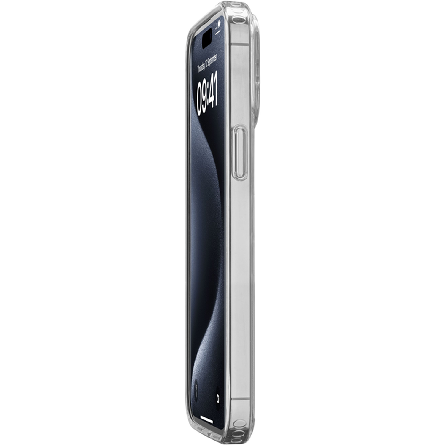 Una funda transparente protege un smartphone. La pantalla muestra la hora y la fecha. El fondo es blanco.