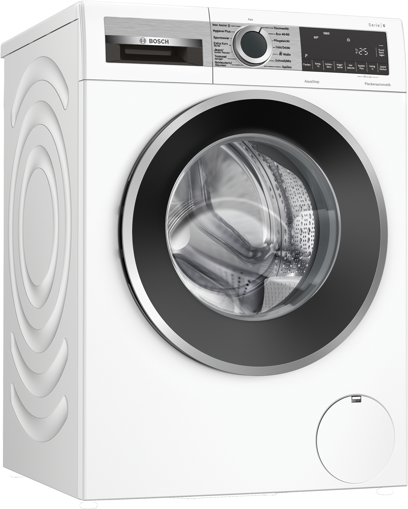 Eine weiße Bosch Waschmaschine mit schwarzer Tür und Bedienfeld. Sie hat eine Digitalanzeige und verschiedene Waschoptionen.