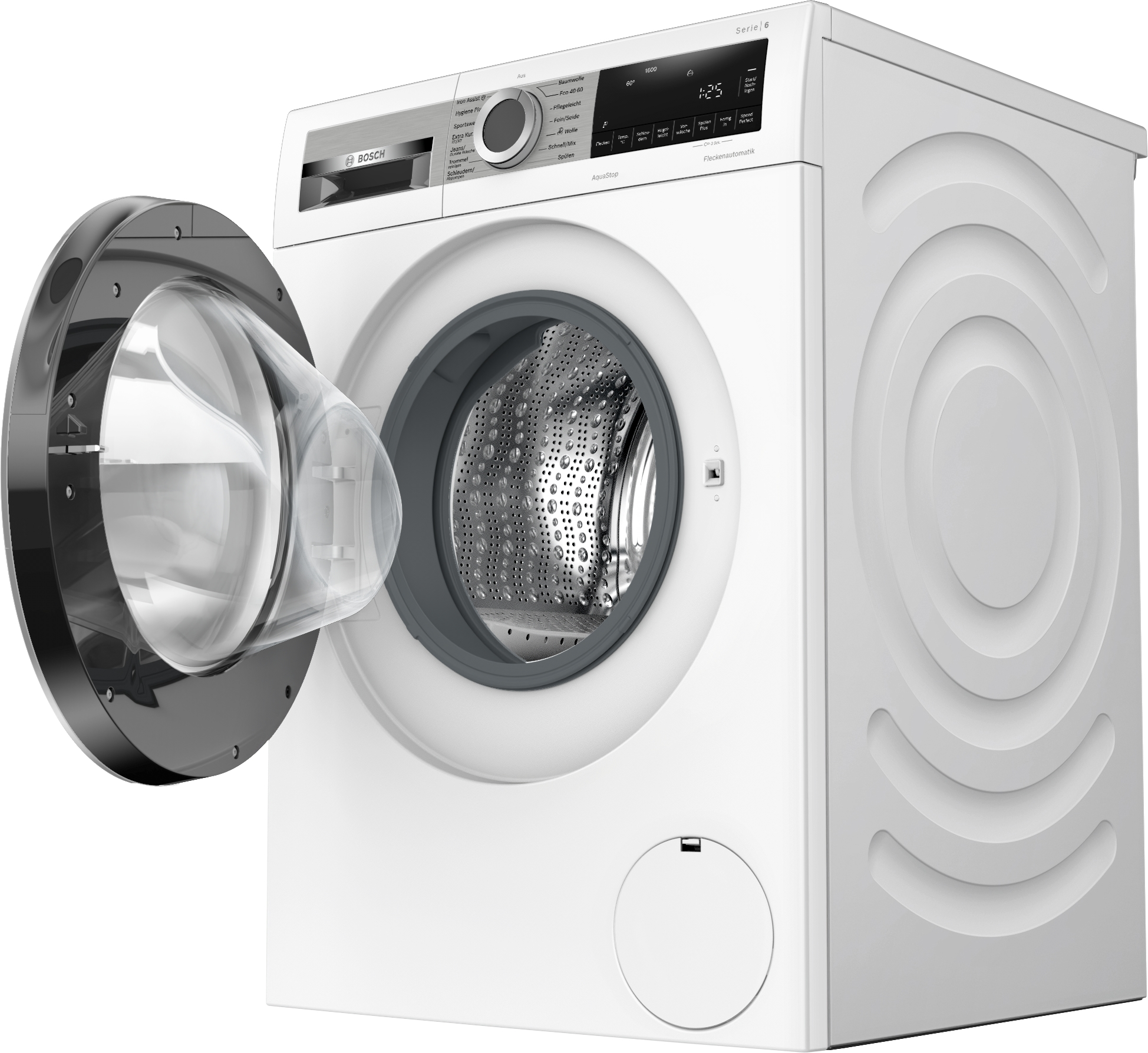 Eine weiße Bosch-Waschmaschine mit geöffneter Tür. Die Maschine ist weiß mit einem dunkelgrauen Türrahmen und Bedienelementen.