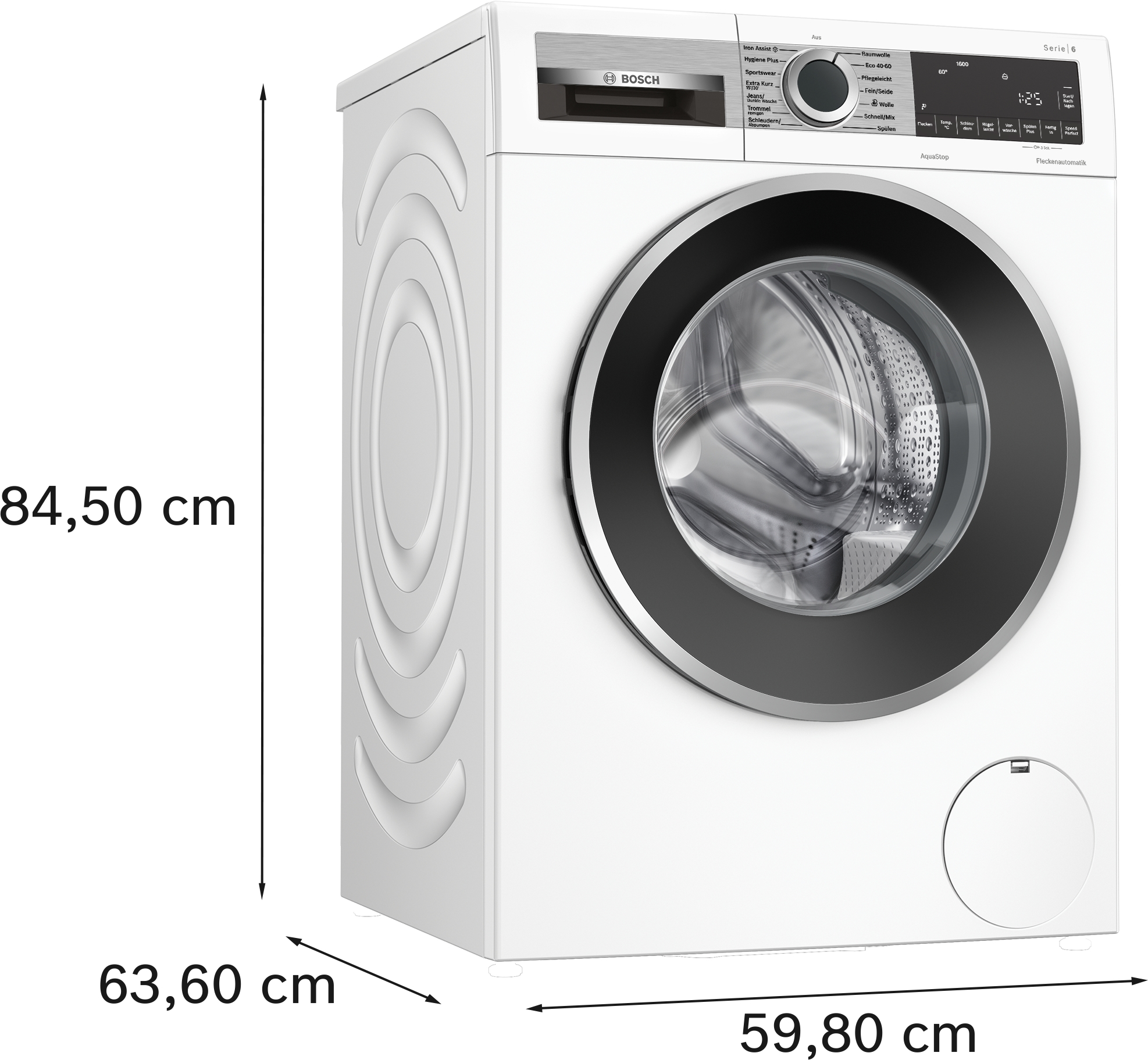 Eine weiße Bosch-Waschmaschine mit schwarzer Tür. Abmessungen: 84,50 cm hoch, 63,60 cm breit und 59,80 cm tief.