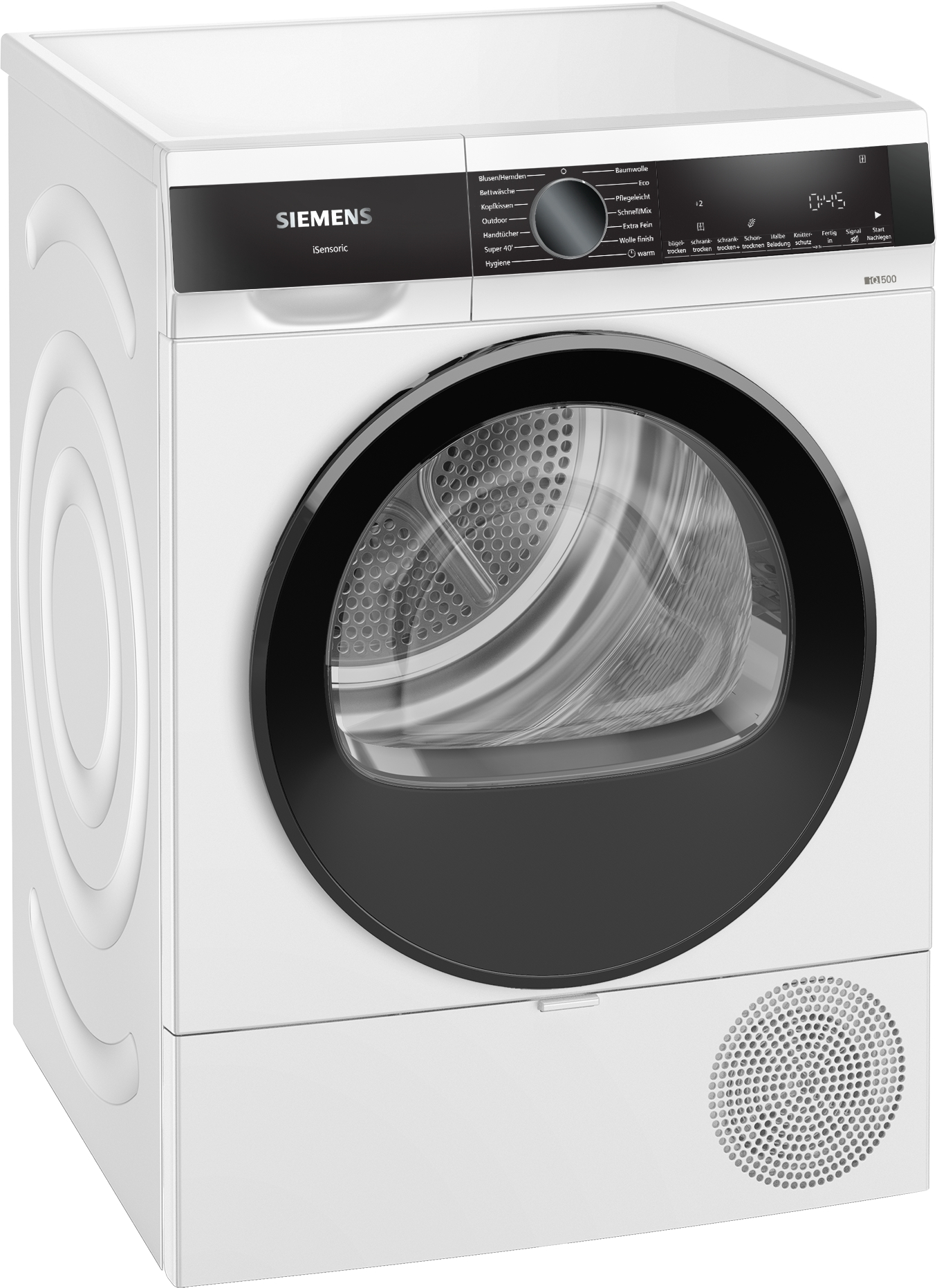 Ein weißer Siemens-Trockner mit schwarzer Tür. Er hat ein Bedienfeld mit Trocknungsoptionen und Digitalanzeige.