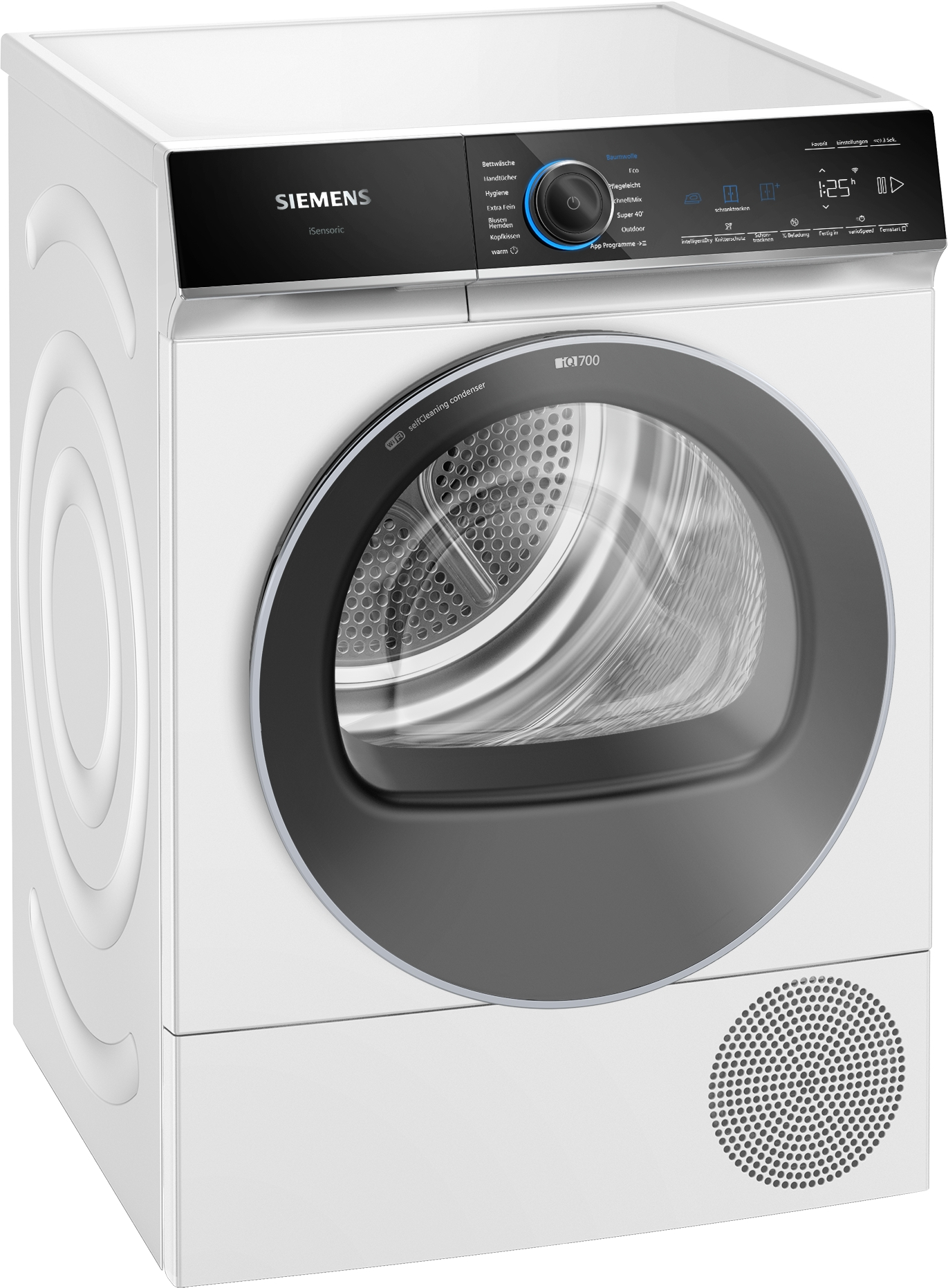 Ein weißer Siemens-Trockner mit schwarzer Tür und Bedienfeld. Er verfügt über ein digitales Display und verschiedene Programmoptionen.