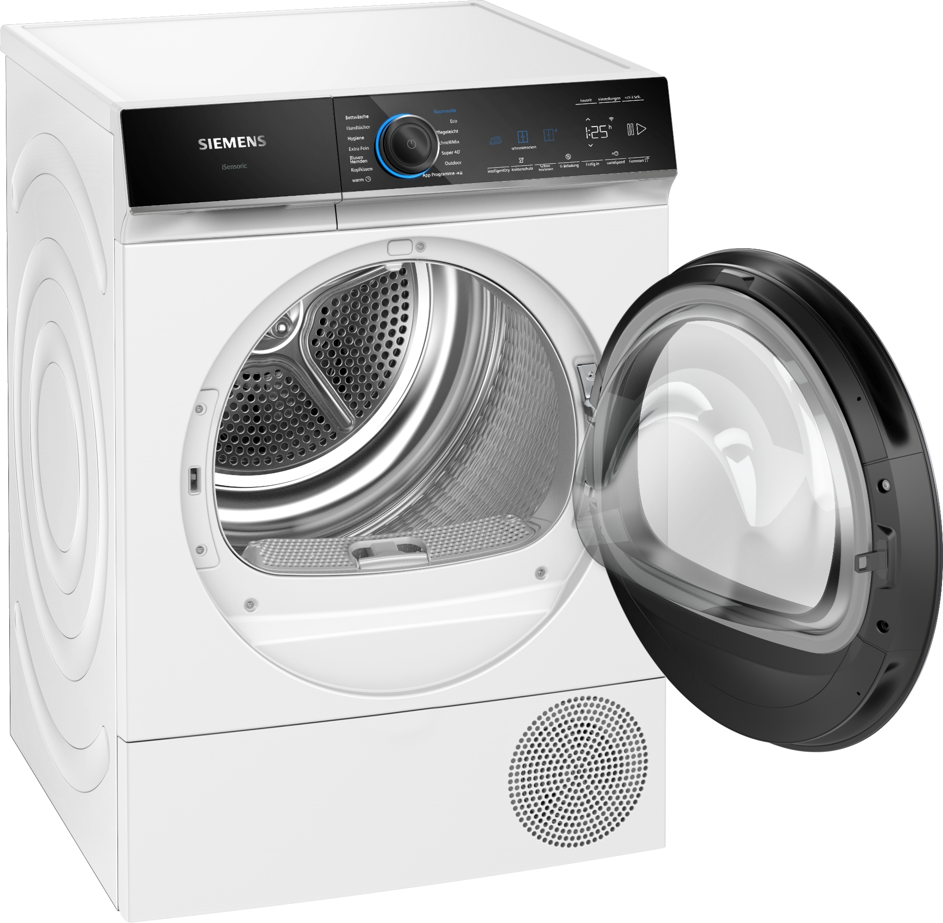 Ein weißer Siemens-Trockner mit geöffneter Tür. Er hat ein Bedienfeld und einen schwarzen Türrahmen.