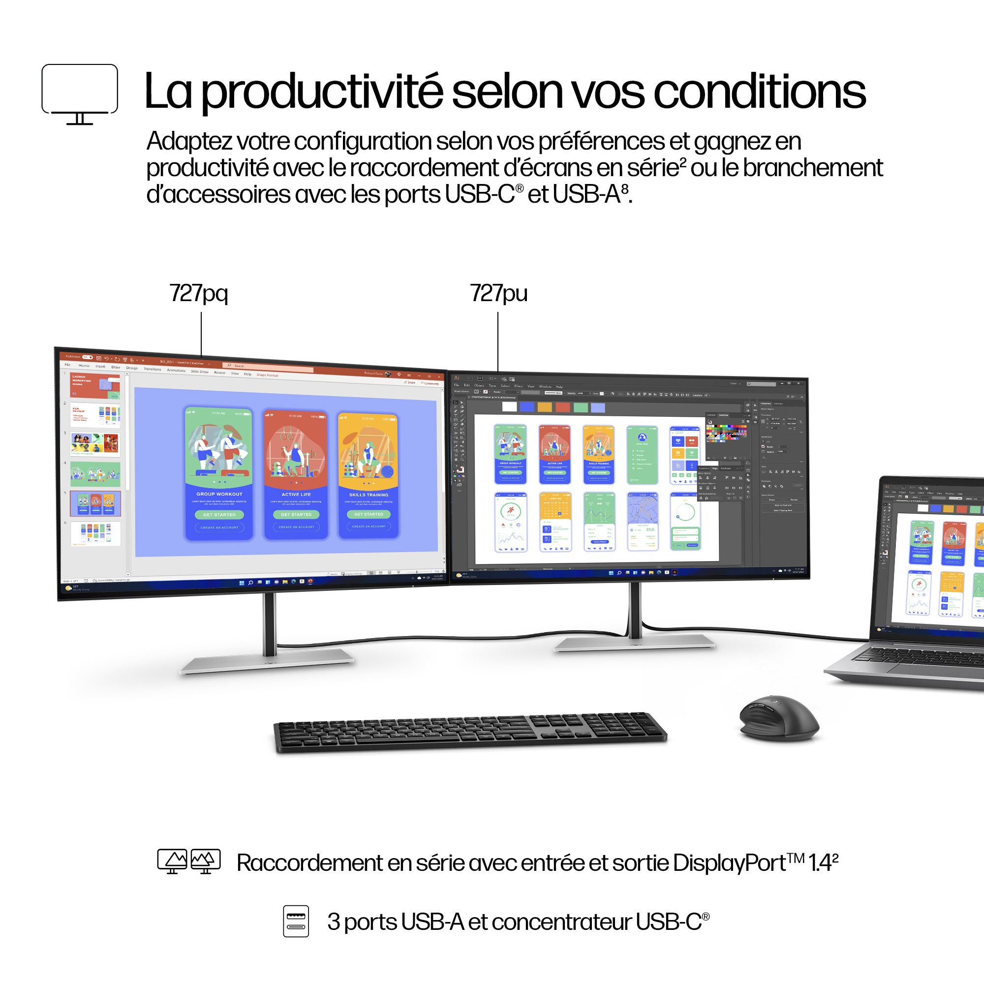 Deux moniteurs et un ordinateur portable affichent des applications. Un clavier et une souris sont devant. Texte : 'Productivité'.
