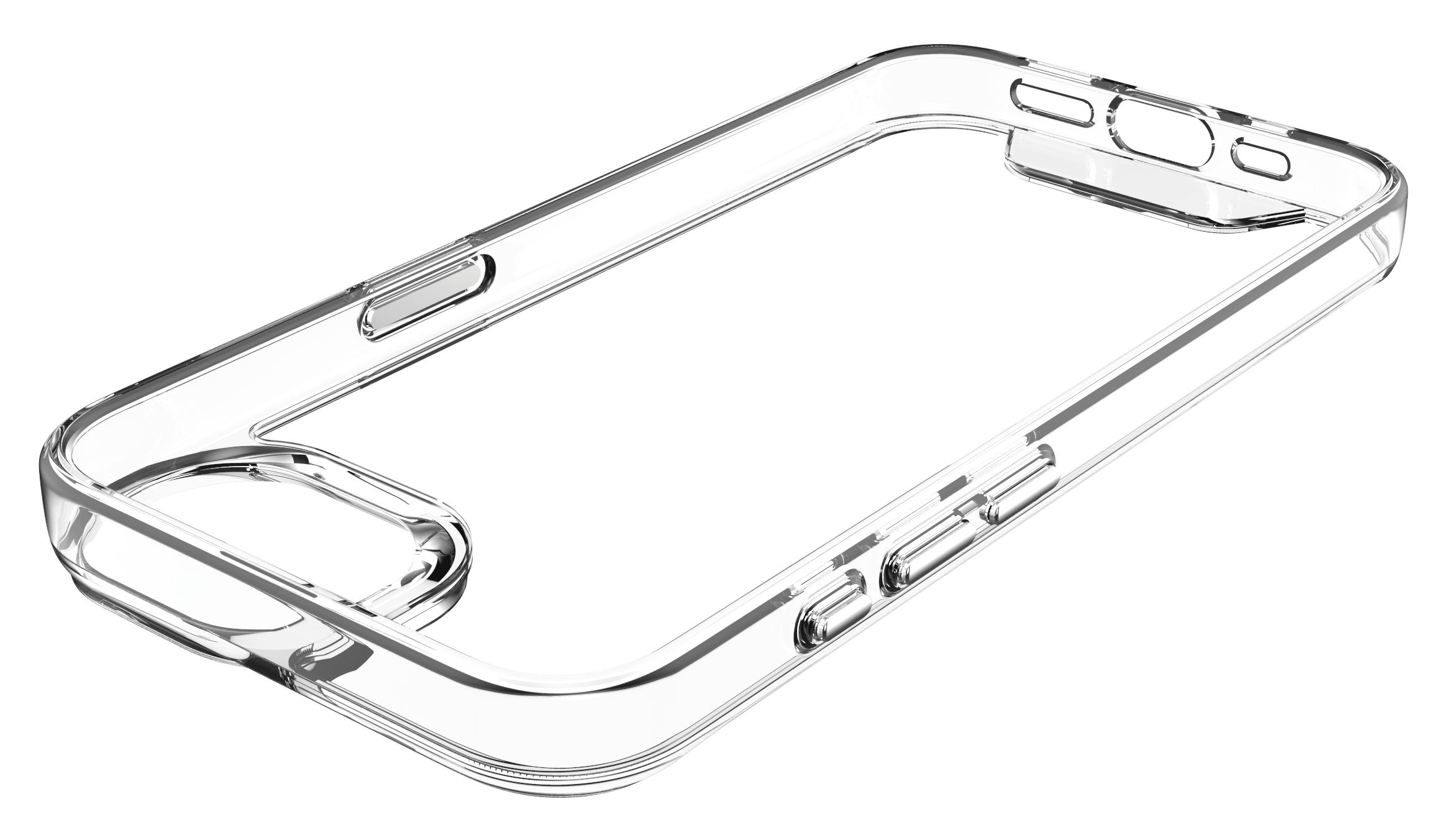 Eine klare, transparente Telefonhülle wird vor einem weißen Hintergrund gezeigt. Die Hülle hat Aussparungen für Kamera und Knöpfe.