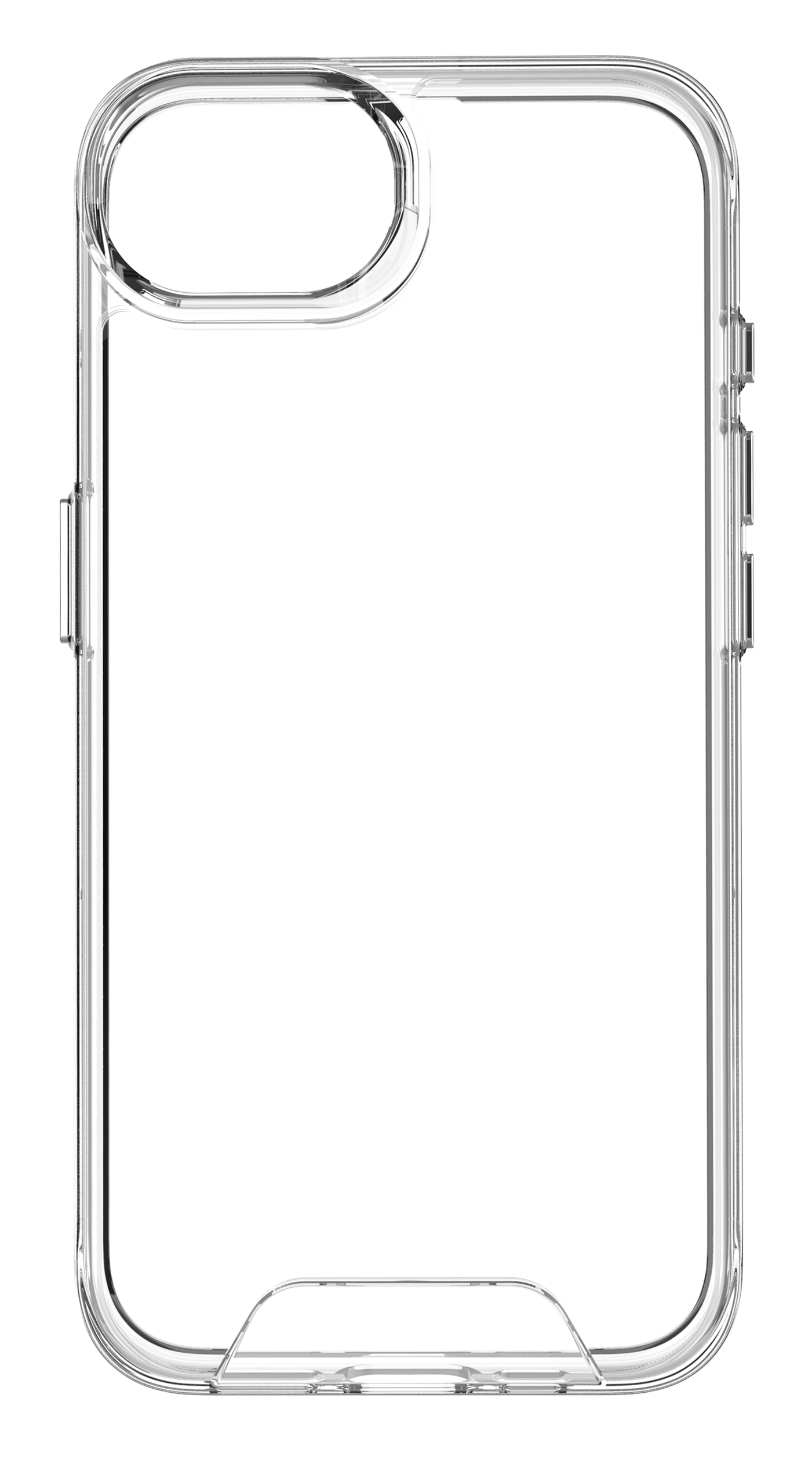 Transparente Handyhülle auf schwarzem Hintergrund. Sie hat einen weißen Kreis und ein kleines Rechteck. Die Hülle hat Tastenabdeckungen.