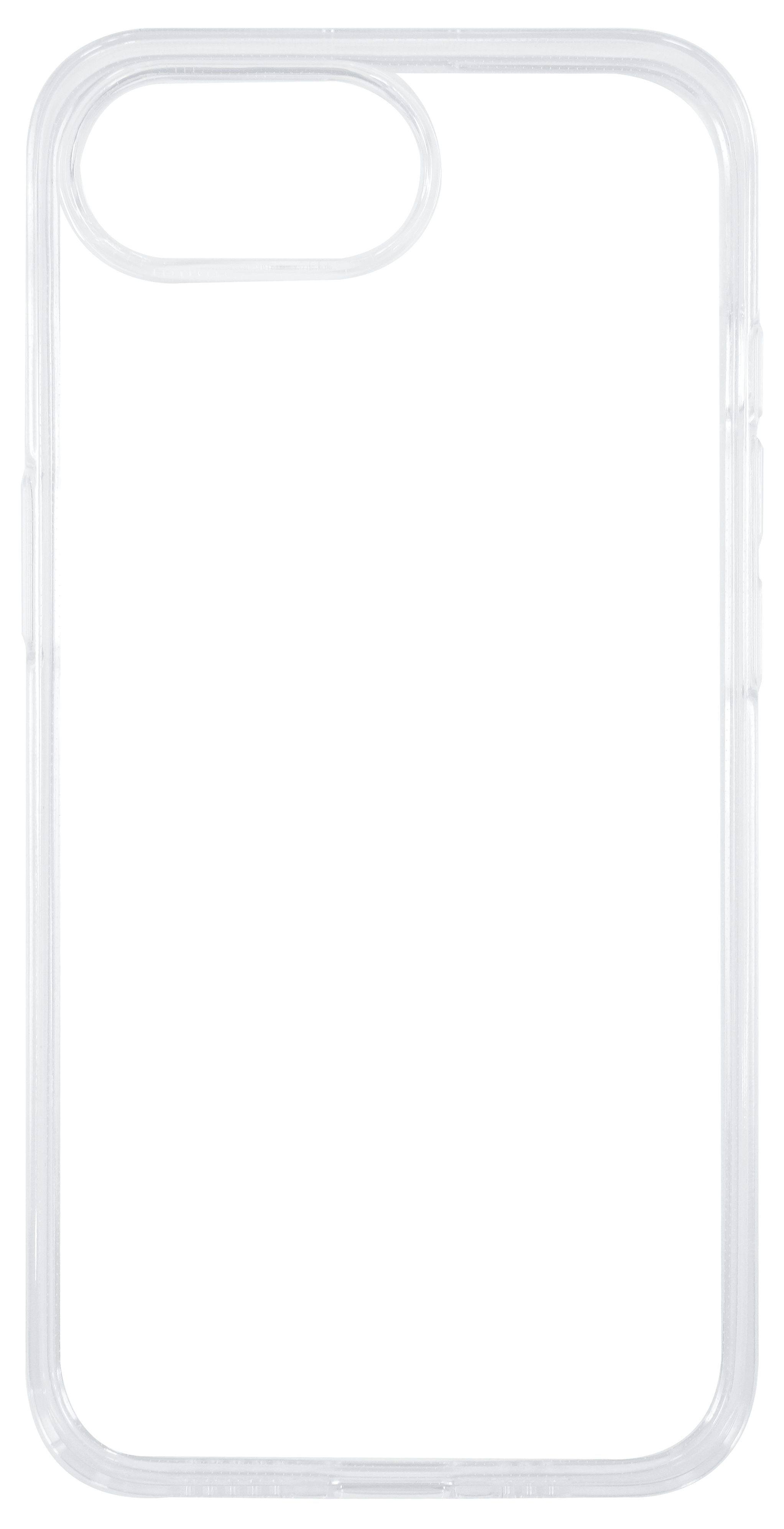 Eine transparente Handyhülle mit klarem Rahmen. Die Hülle hat einen Ausschnitt für Kamera und Knöpfe. Der Hintergrund ist schwarz.