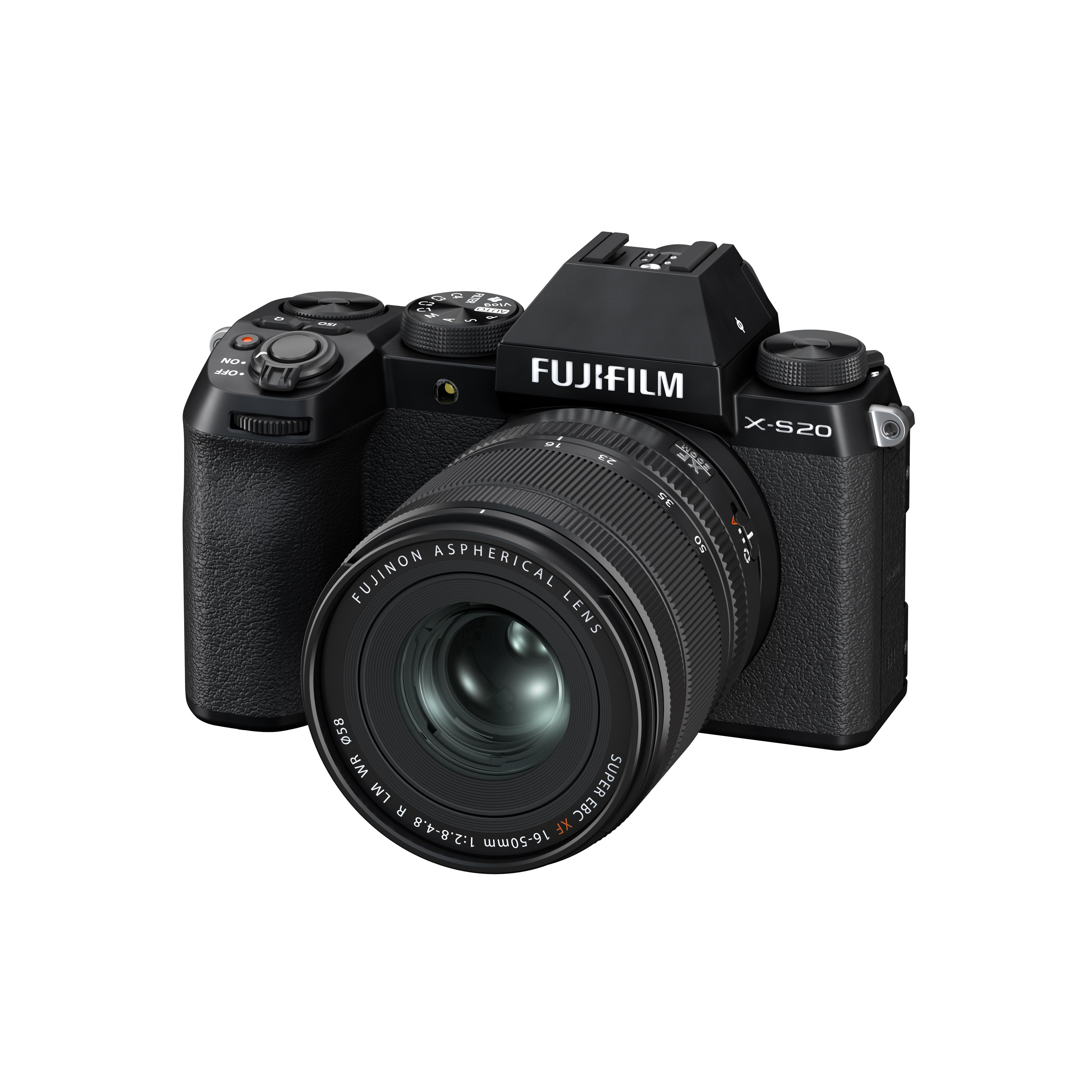 Schwarze Fujifilm X-S20 Kamera mit Objektiv, verschiedenen Rädern und Fujifilm-Logo, isoliert auf weißem Hintergrund.