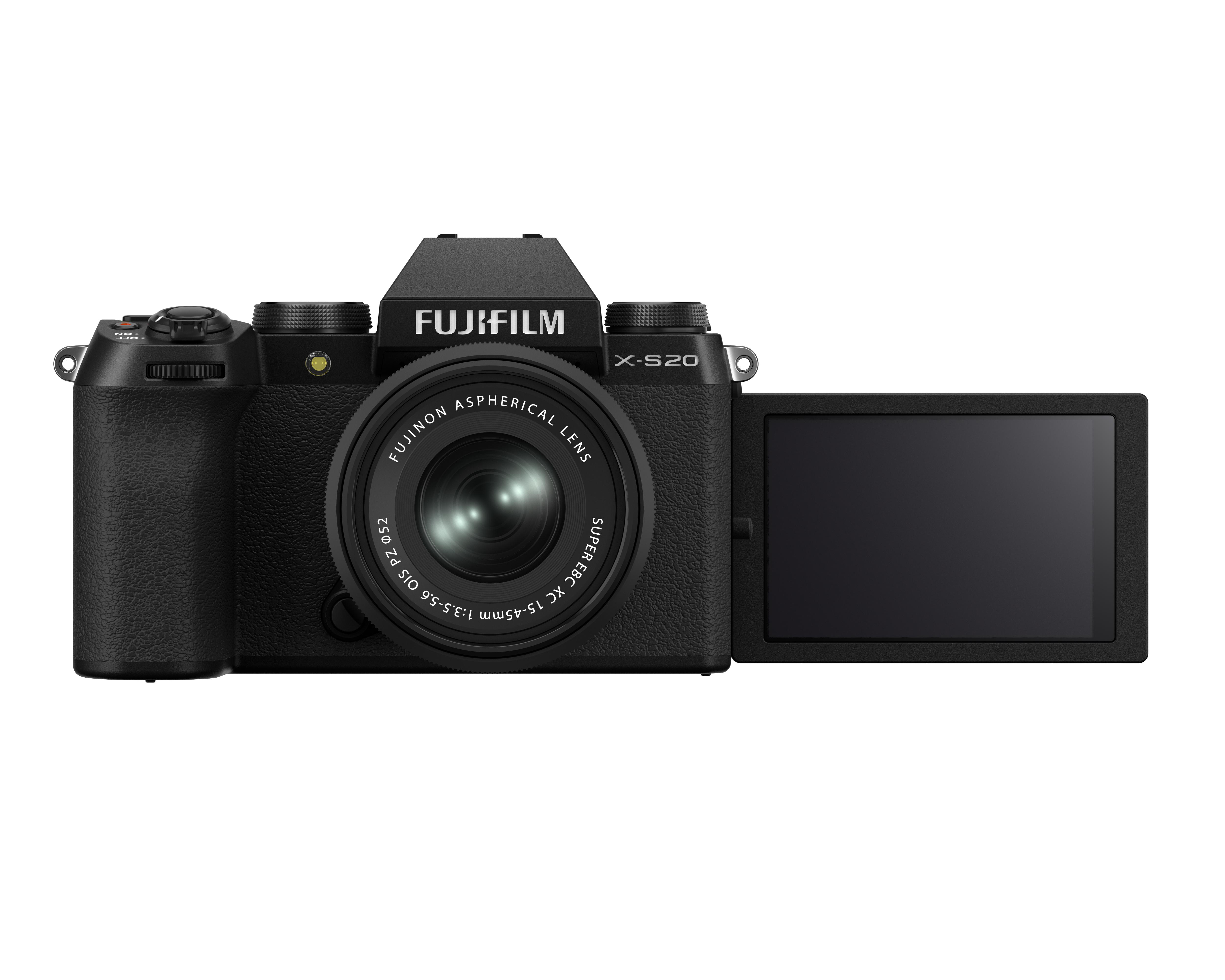 Schwarze Fujifilm X-S20 Kamera, Objektiv sichtbar. Bildschirm ist geöffnet. Weißer Hintergrund.