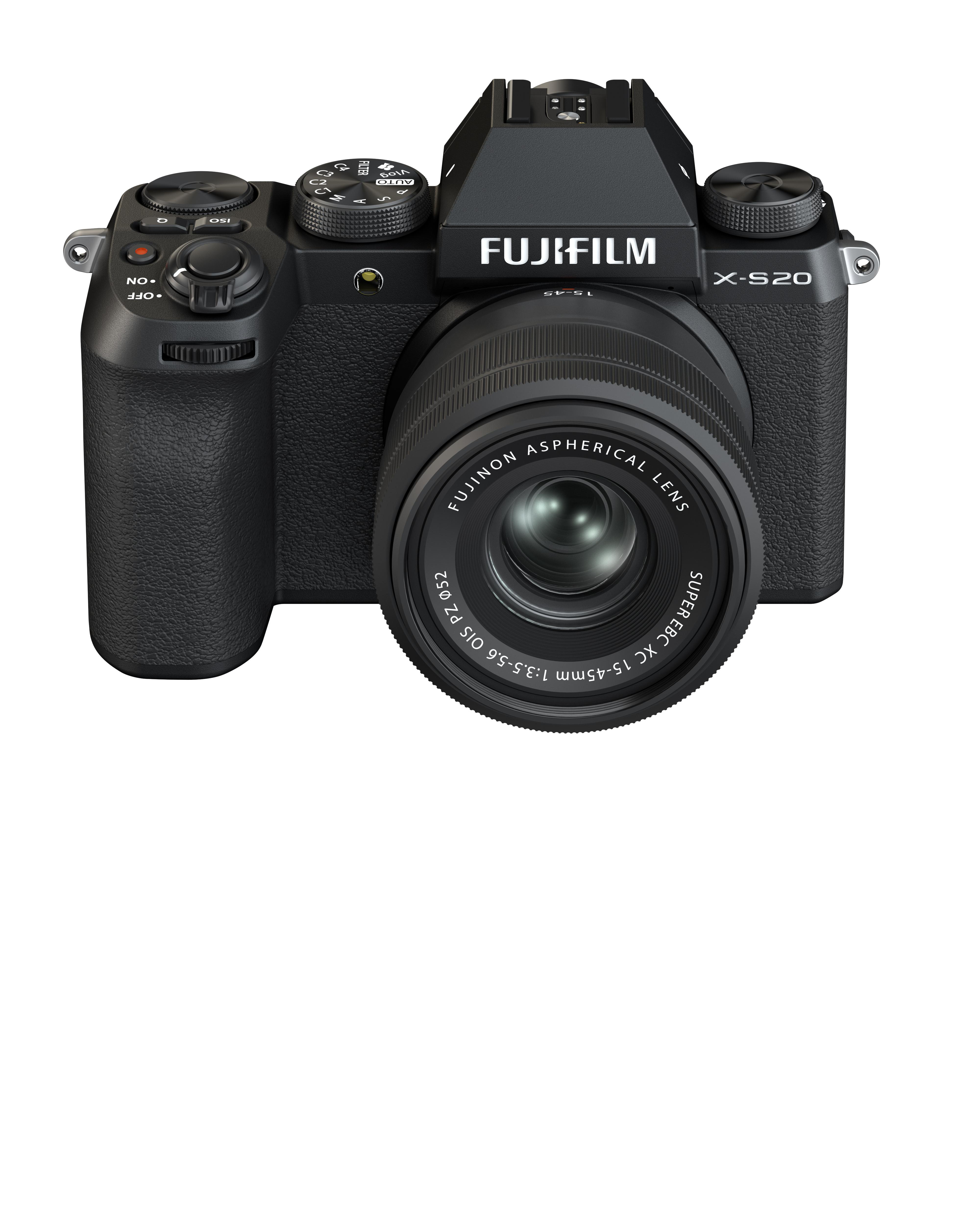 Schwarze Fujifilm X-S20 Kamera mit Objektiv, Einstellrädern und Knöpfen auf weißem Hintergrund.