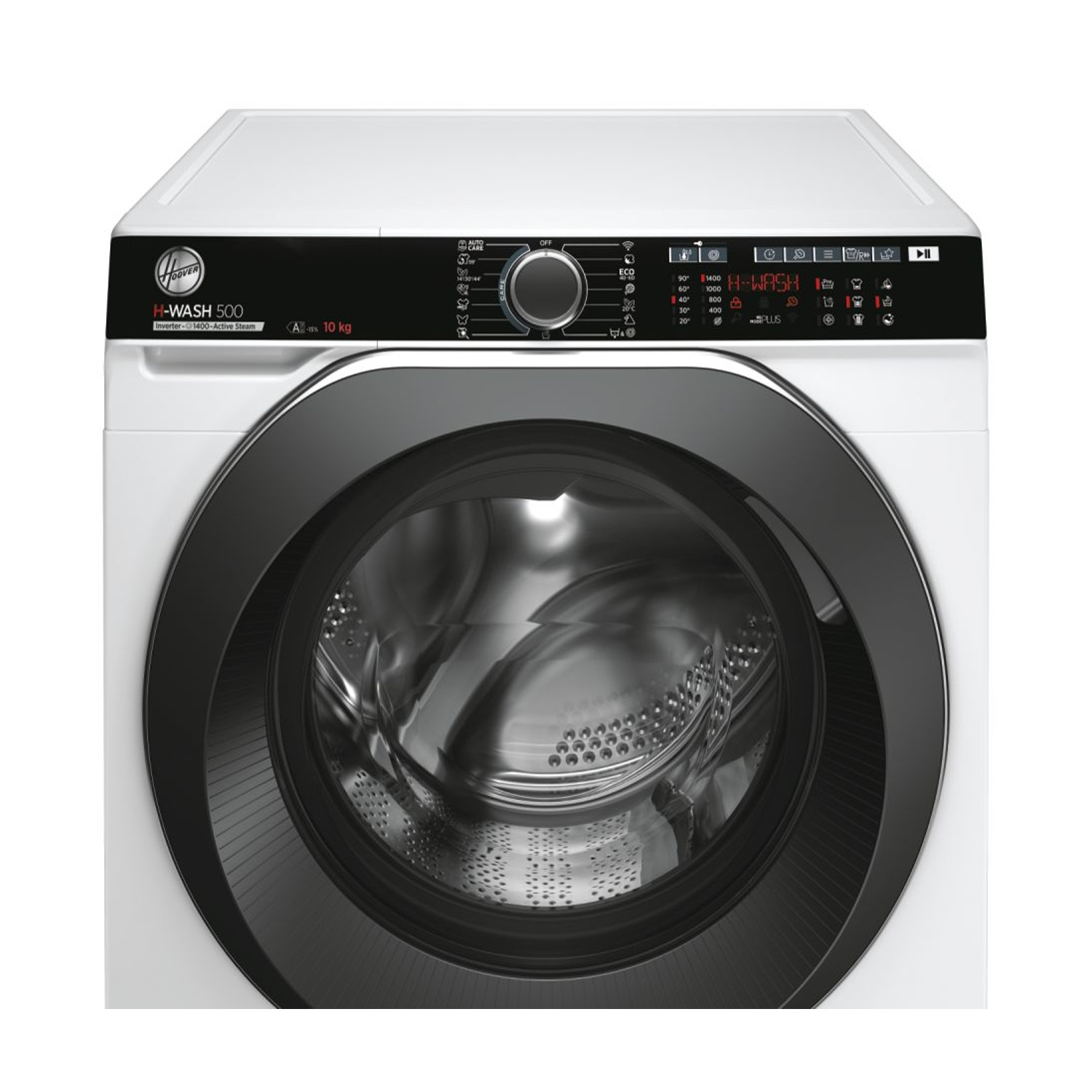 Una lavatrice bianca Hoover H-WASH 500. Ha un pannello di controllo nero con pulsanti e un quadrante. L'oblò è nero.