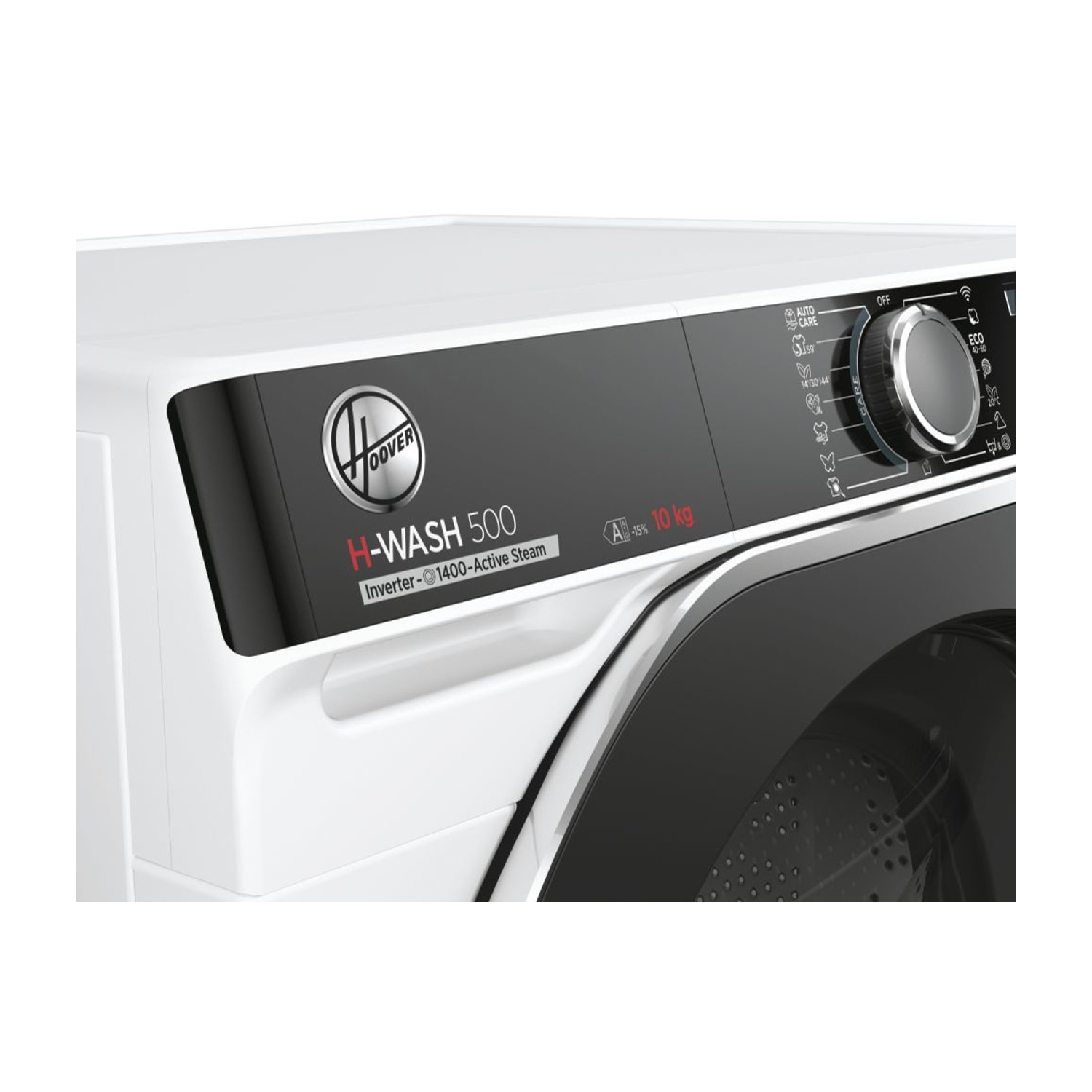 Primo piano di una lavatrice Hoover H-WASH 500 bianca e nera, con un selettore e etichette di testo.