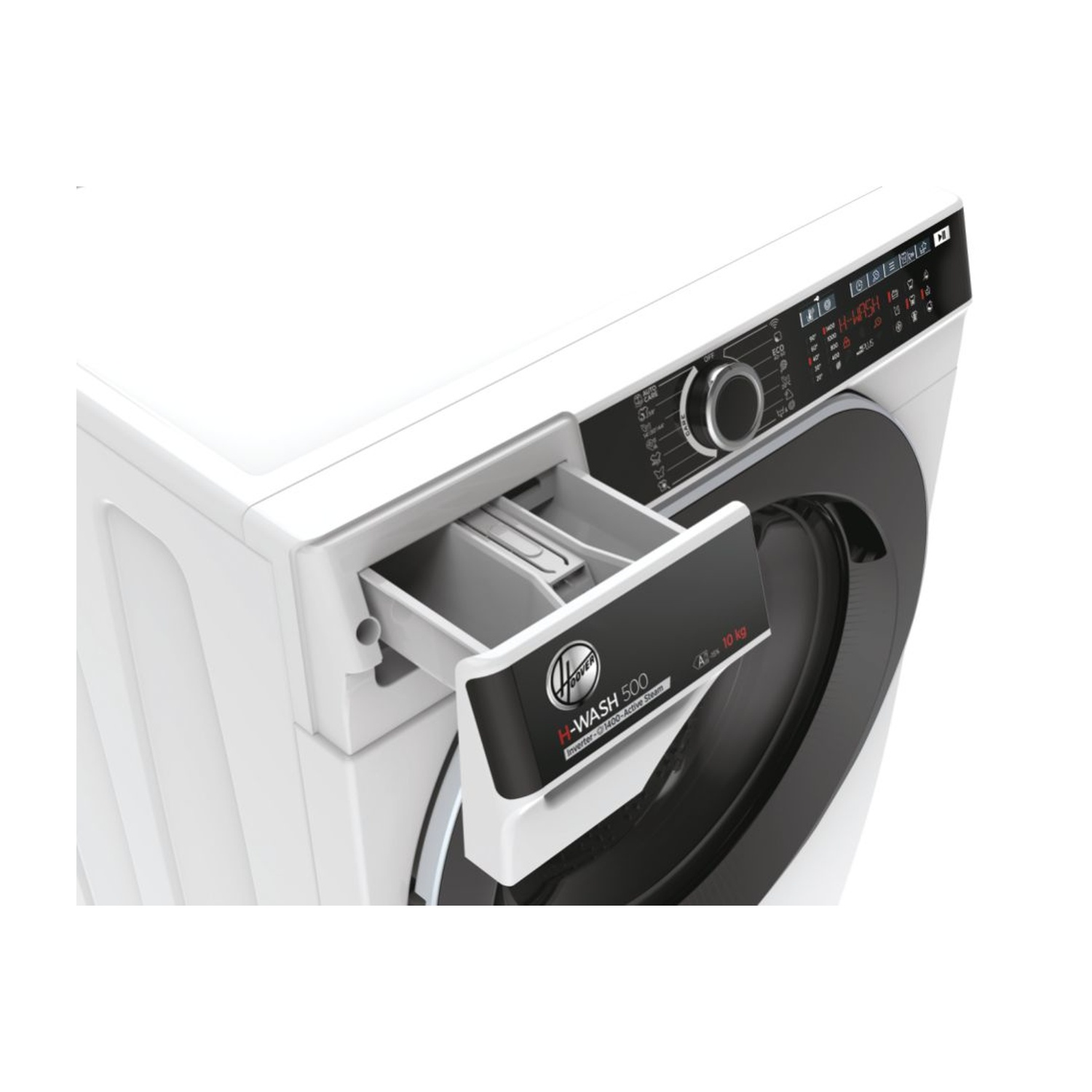 Lavatrice bianca con cassetto detersivo aperto. Pannello comandi e porta neri. Modello Hoover H-WASH 500. Capacità 10 kg.